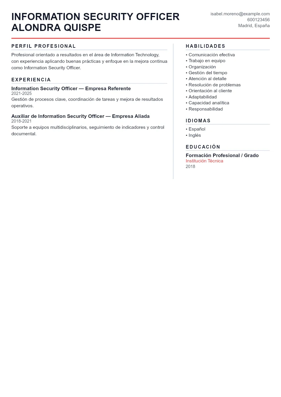 Ejemplo de CV para Guía Definitiva y Ejemplo de CV para Infor - Plantilla de currículum profesional