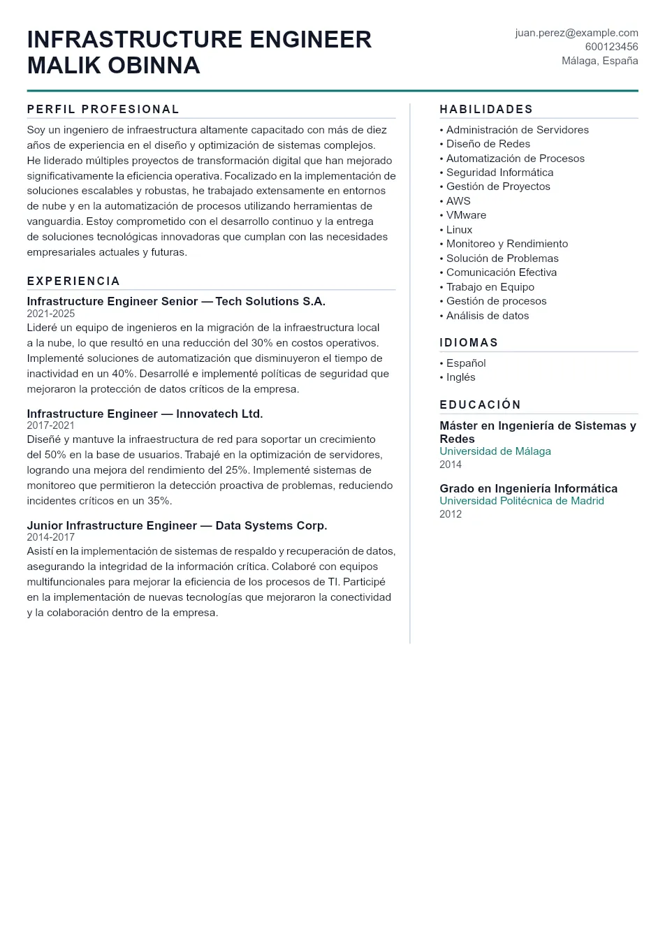 Ejemplo de CV para CV de Infrastructure Engineer - Plantilla de currículum profesional