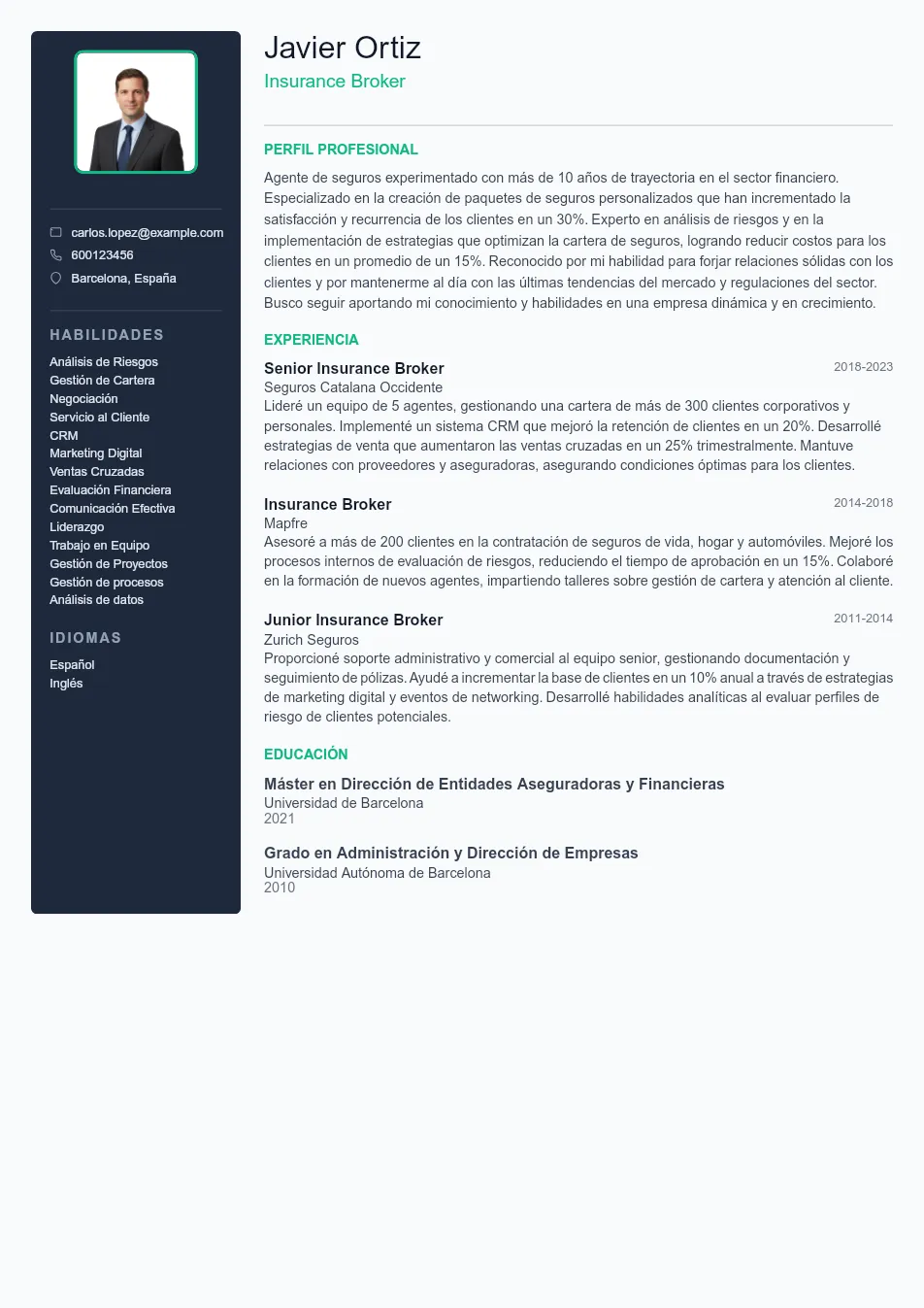 Ejemplo de CV para Ejemplo de CV de Corredor de Seguros - Plantilla de currículum profesional