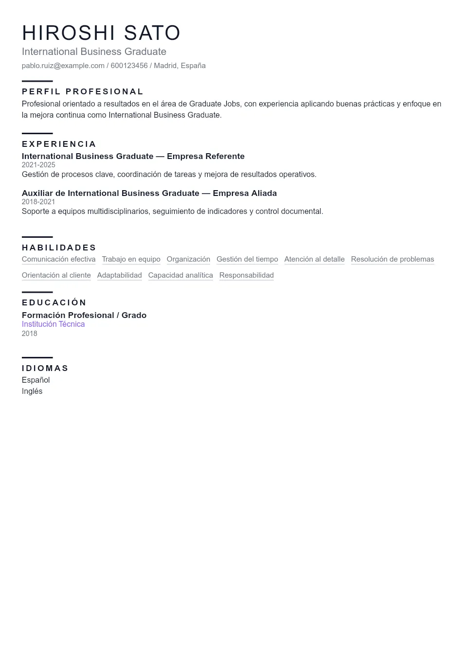 Ejemplo de CV de International Business Gr CV Example - Professional Resume Template