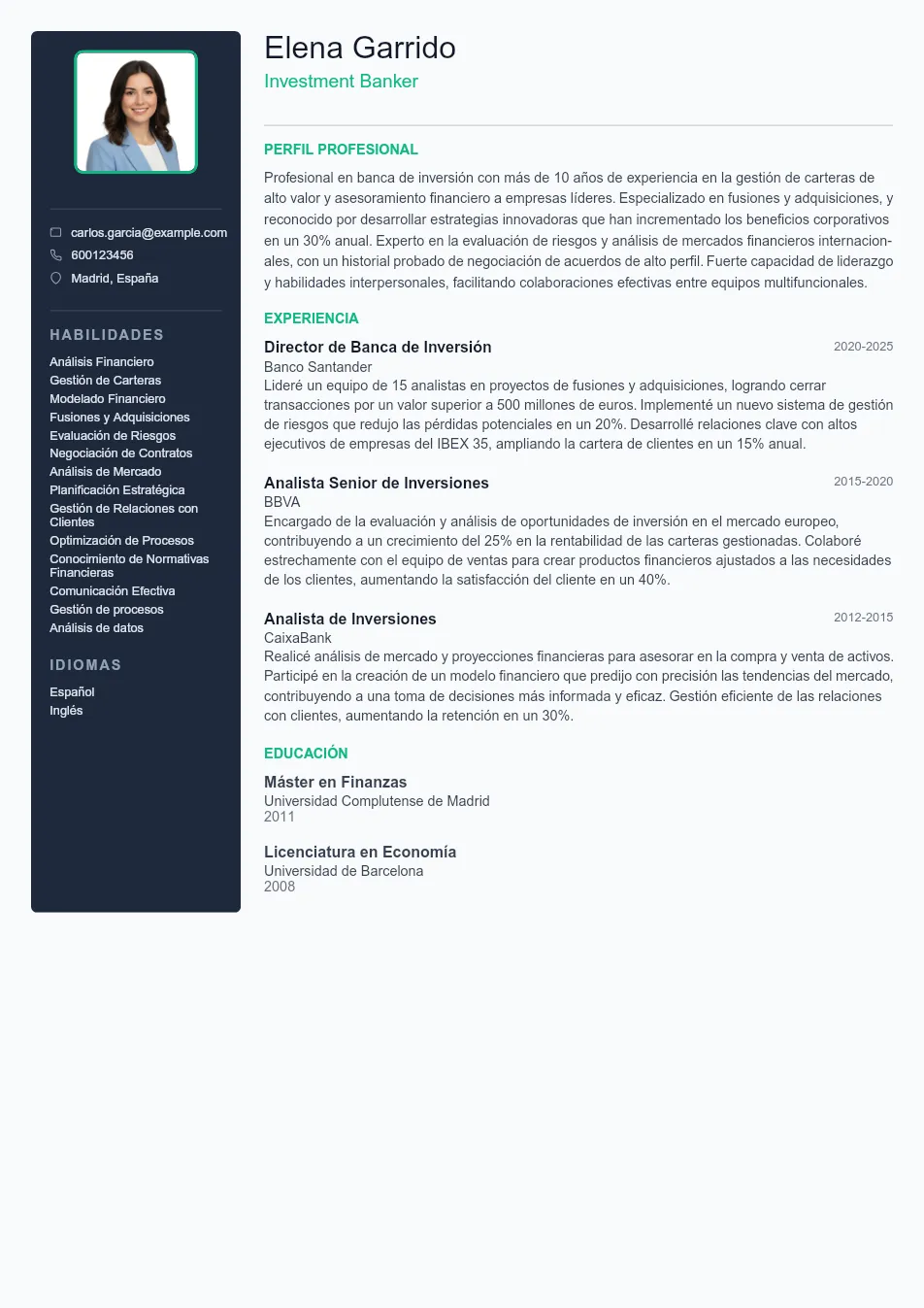 Ejemplo de CV para CV de Investment Banker - Plantilla de currículum profesional