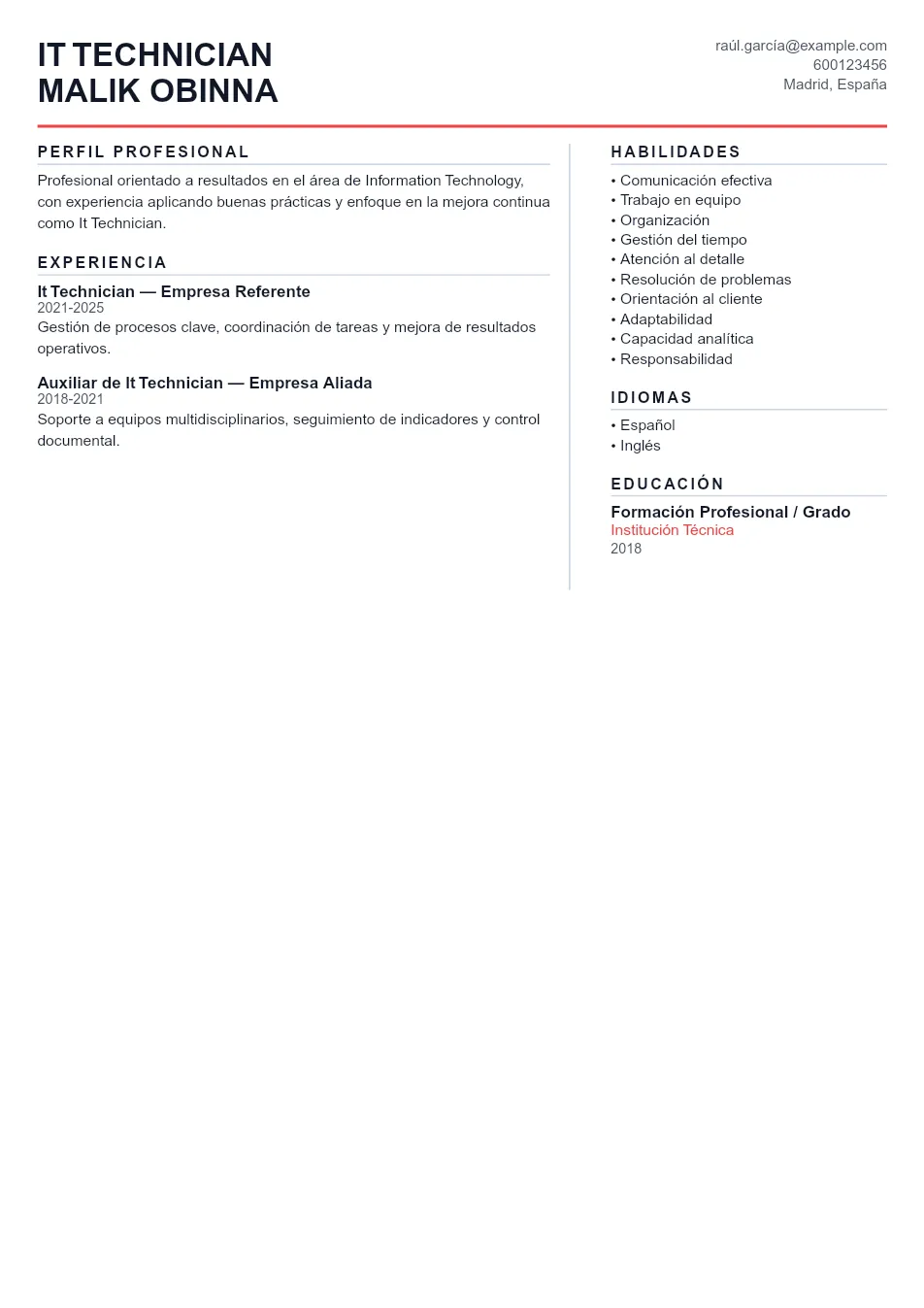 Ejemplo de CV de It Technician CV Example - Professional Resume Template
