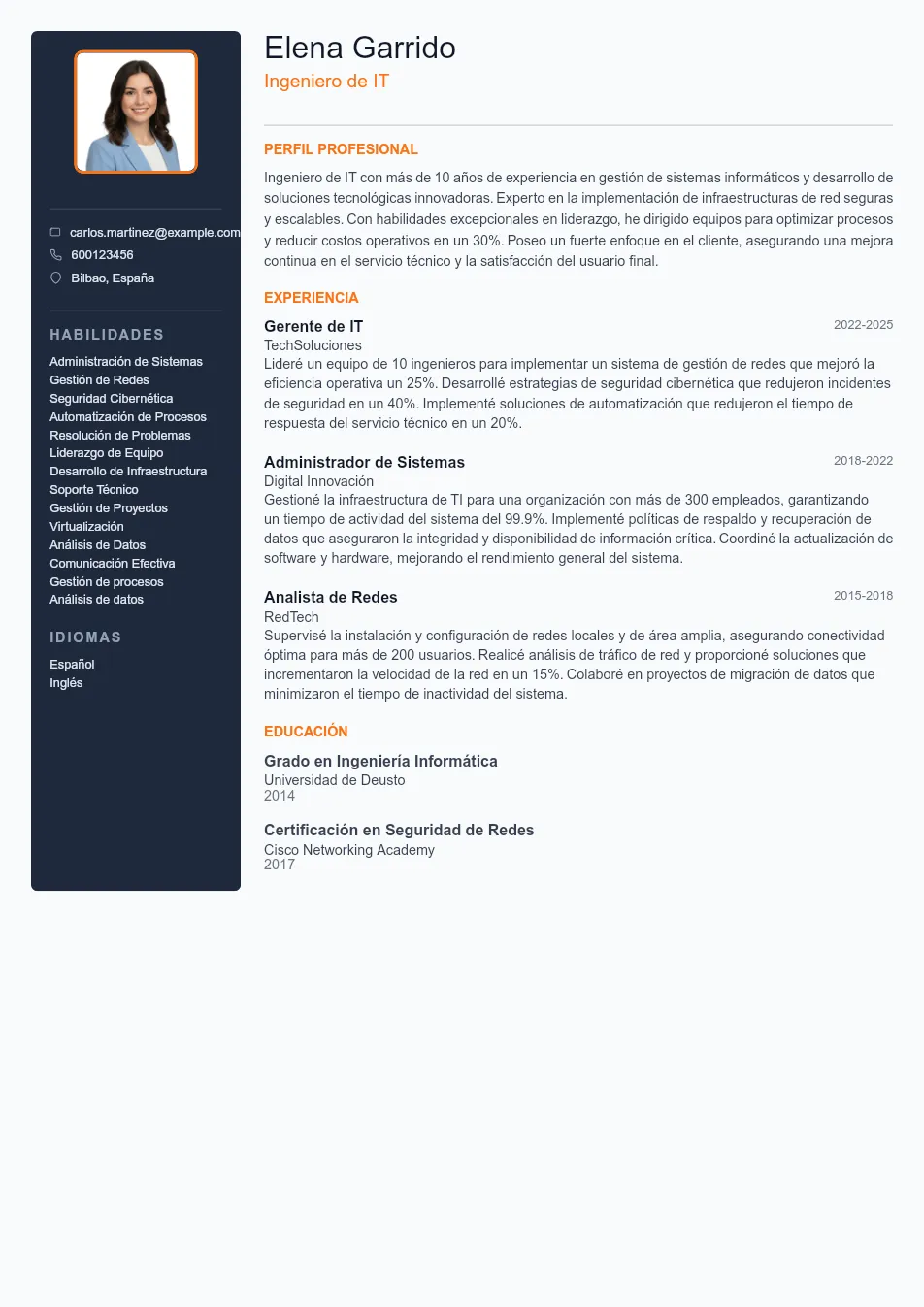 Ejemplo de CV para CV para IT - Plantilla de currículum profesional