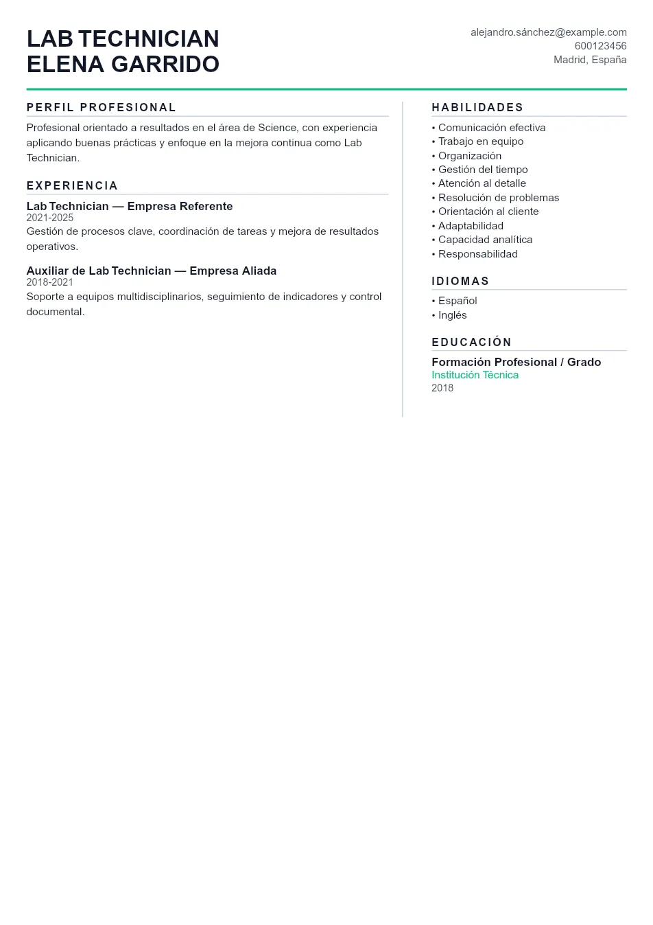 Ejemplo de CV de Lab Technician CV Example - Professional Resume Template