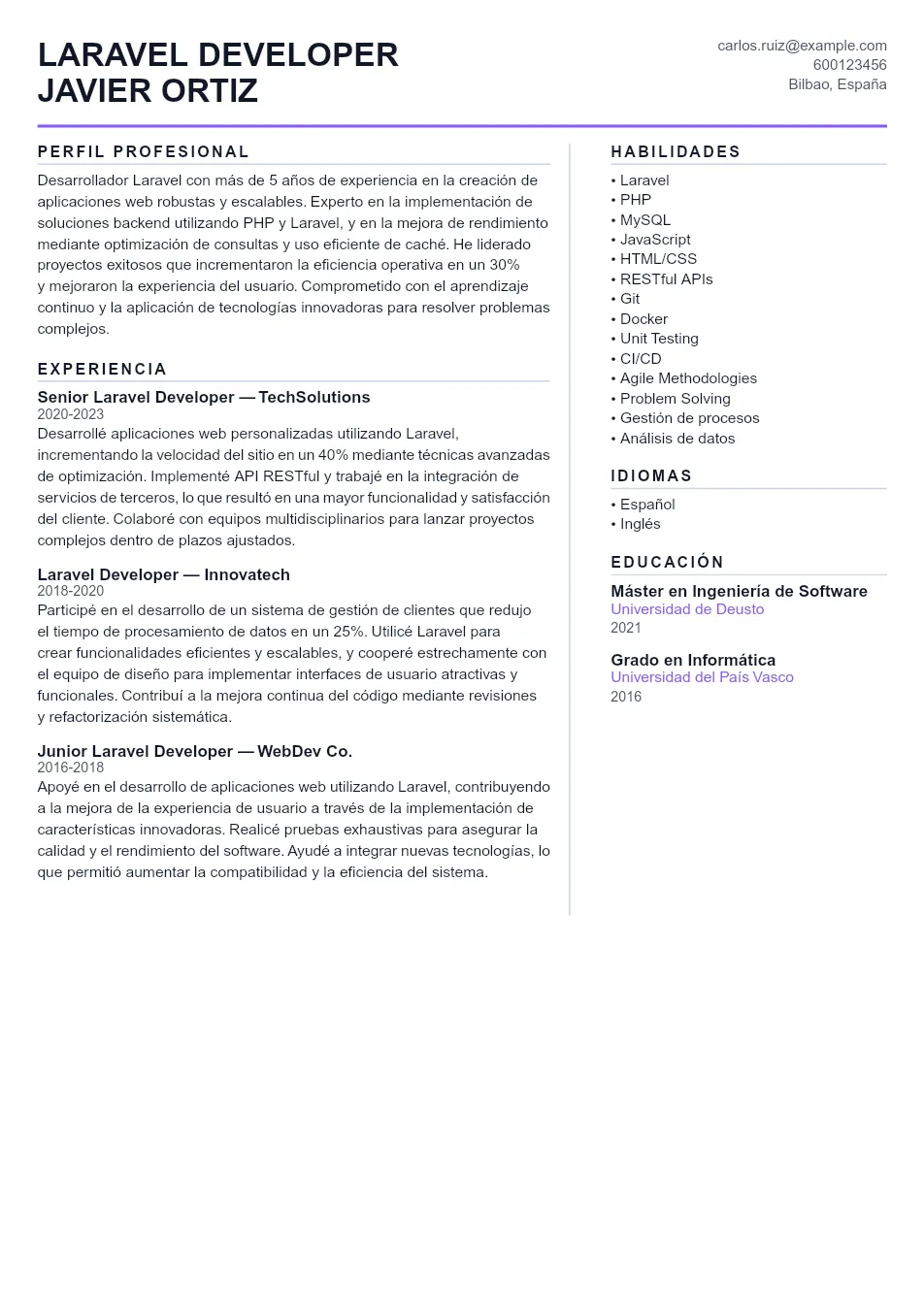 Ejemplo de CV de Laravel Developer CV Example - Professional Resume Template