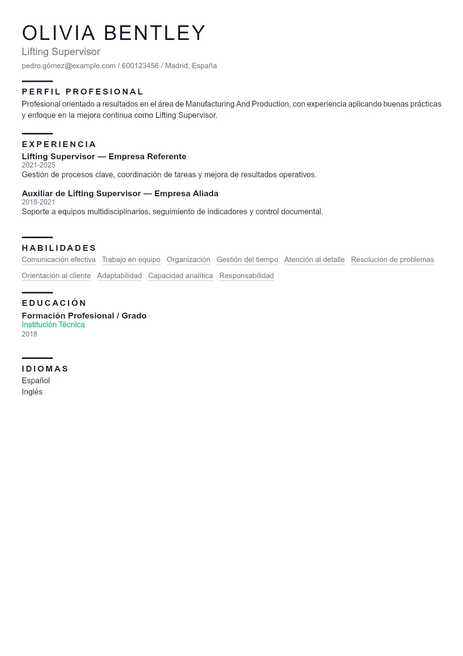 Ejemplo de CV de Lifting Supervisor CV Example - Professional Resume Template