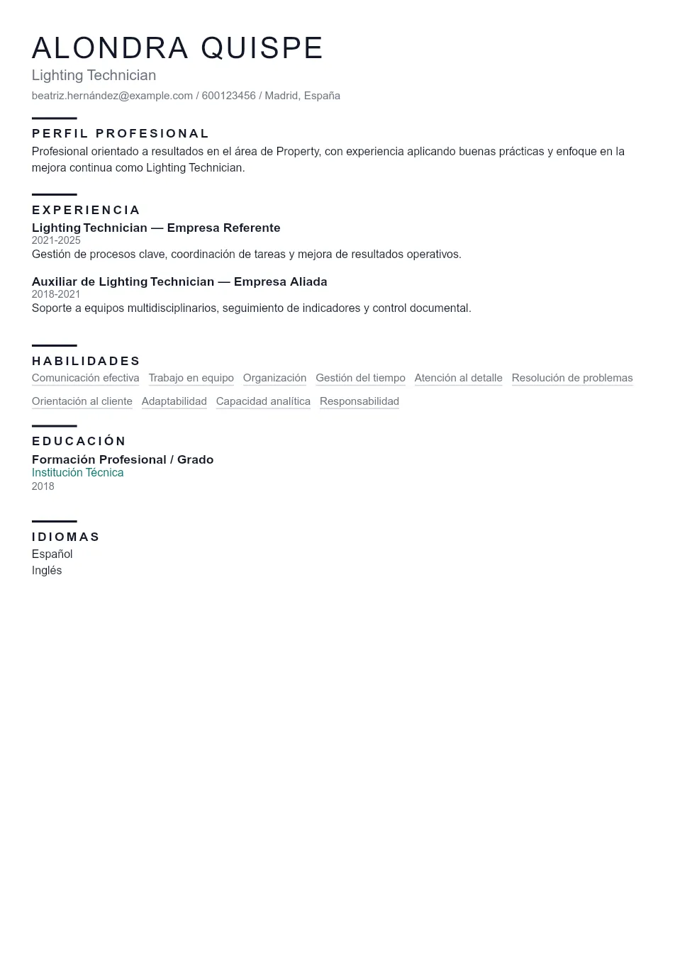 Ejemplo de CV de Lighting Technician CV Example - Professional Resume Template