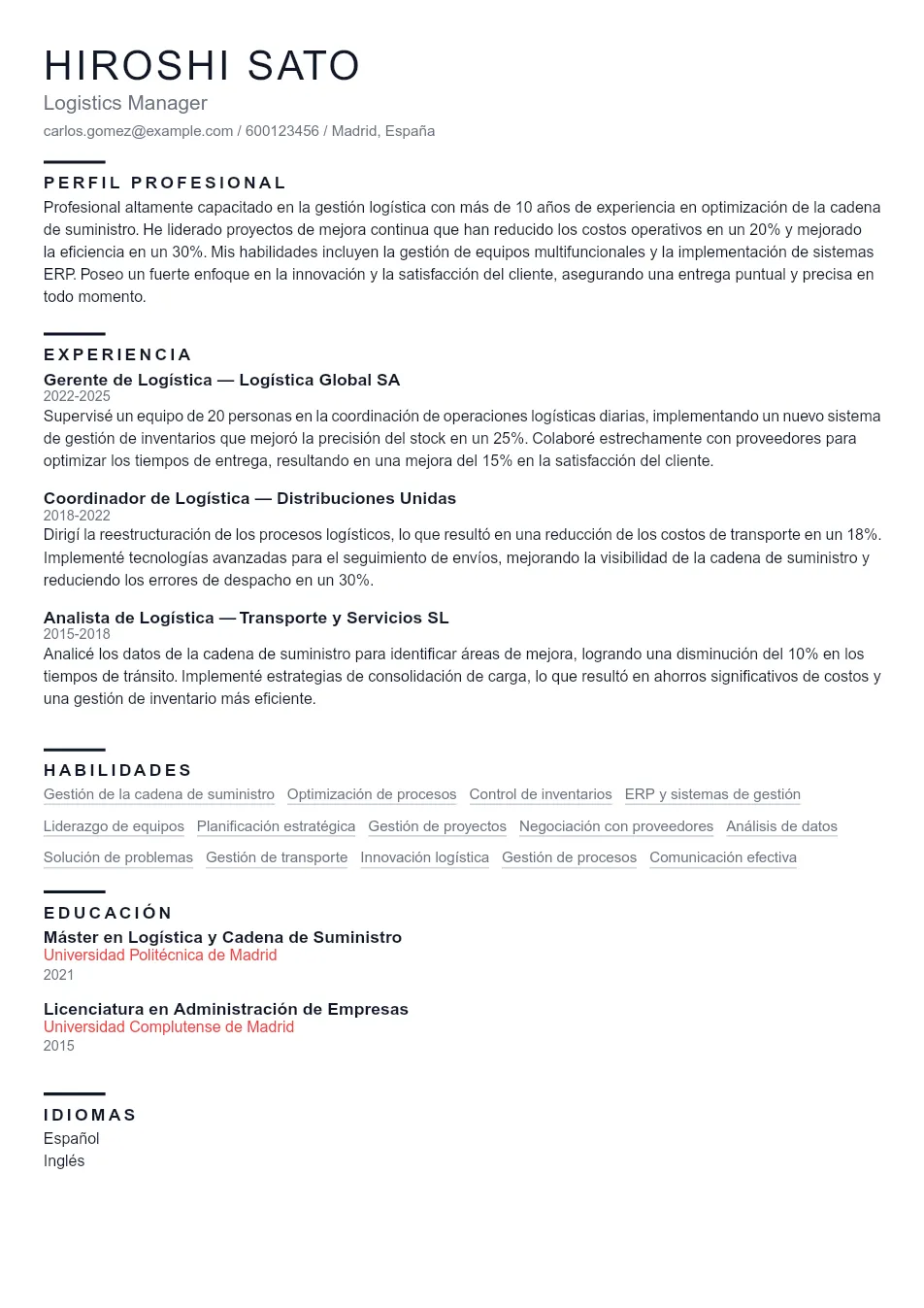 Ejemplo de CV de Logistics Manager CV Example - Professional Resume Template