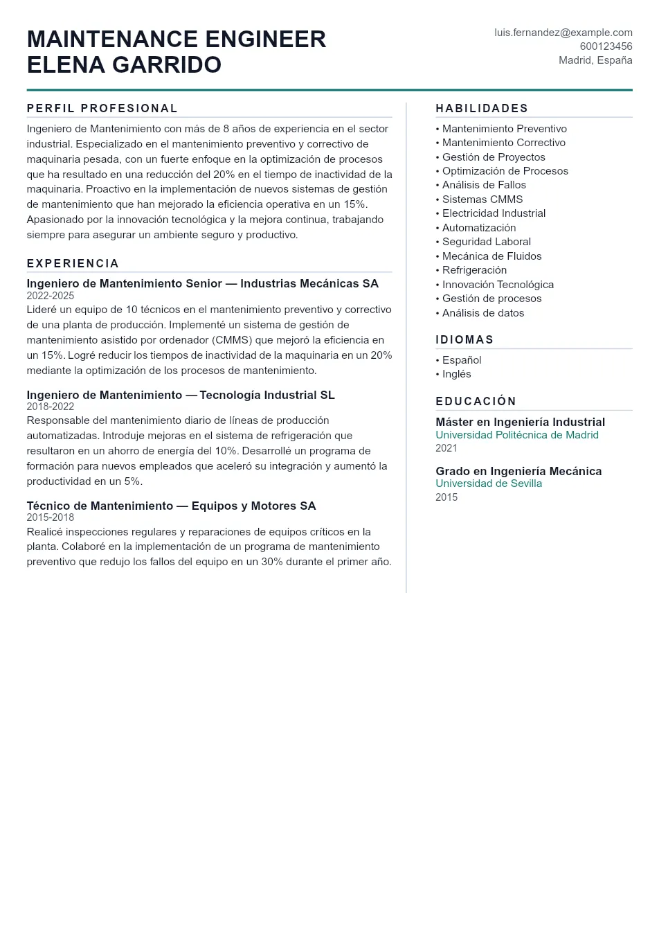 Ejemplo de CV para CV de Ingeniero de Mantenimiento - Plantilla de currículum profesional