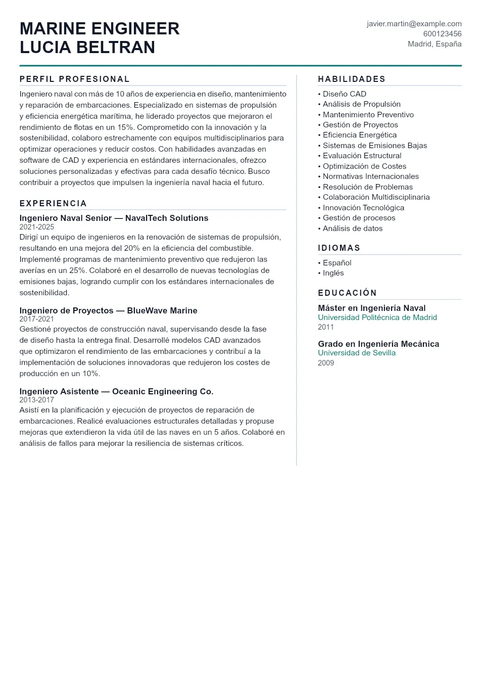 Ejemplo de CV para CV de Ingeniero Naval - Plantilla de currículum profesional