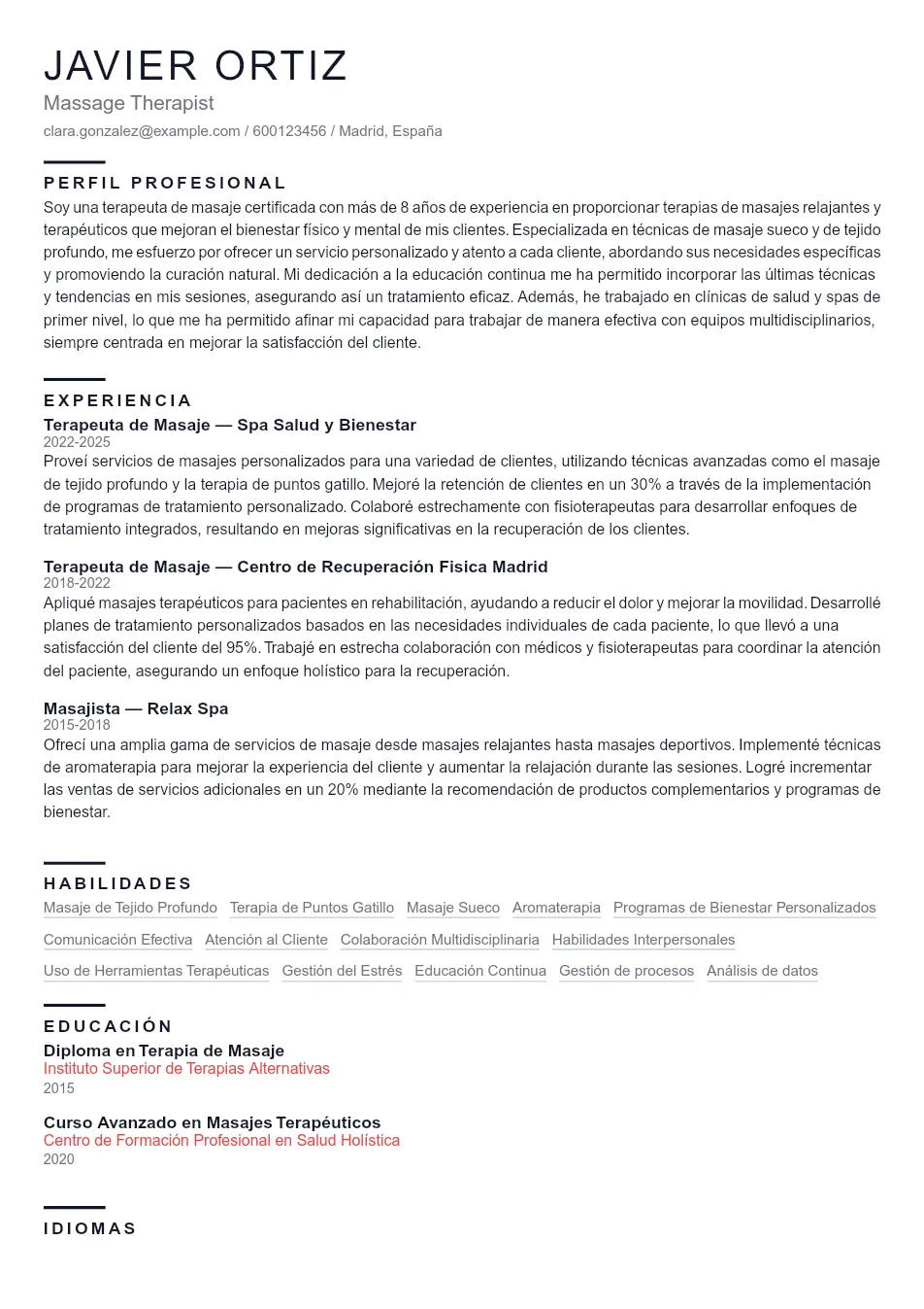 Ejemplo de CV para Guía Definitiva y Ejemplo de CV para Masaj - Plantilla de currículum profesional