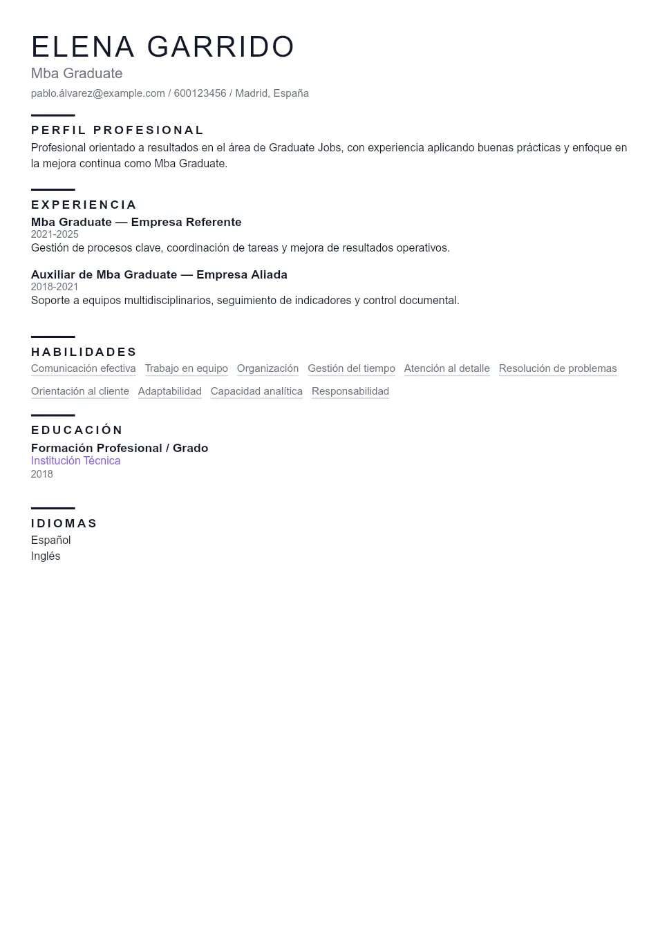 Ejemplo de CV para CV para Graduado en MBA - Plantilla de currículum profesional