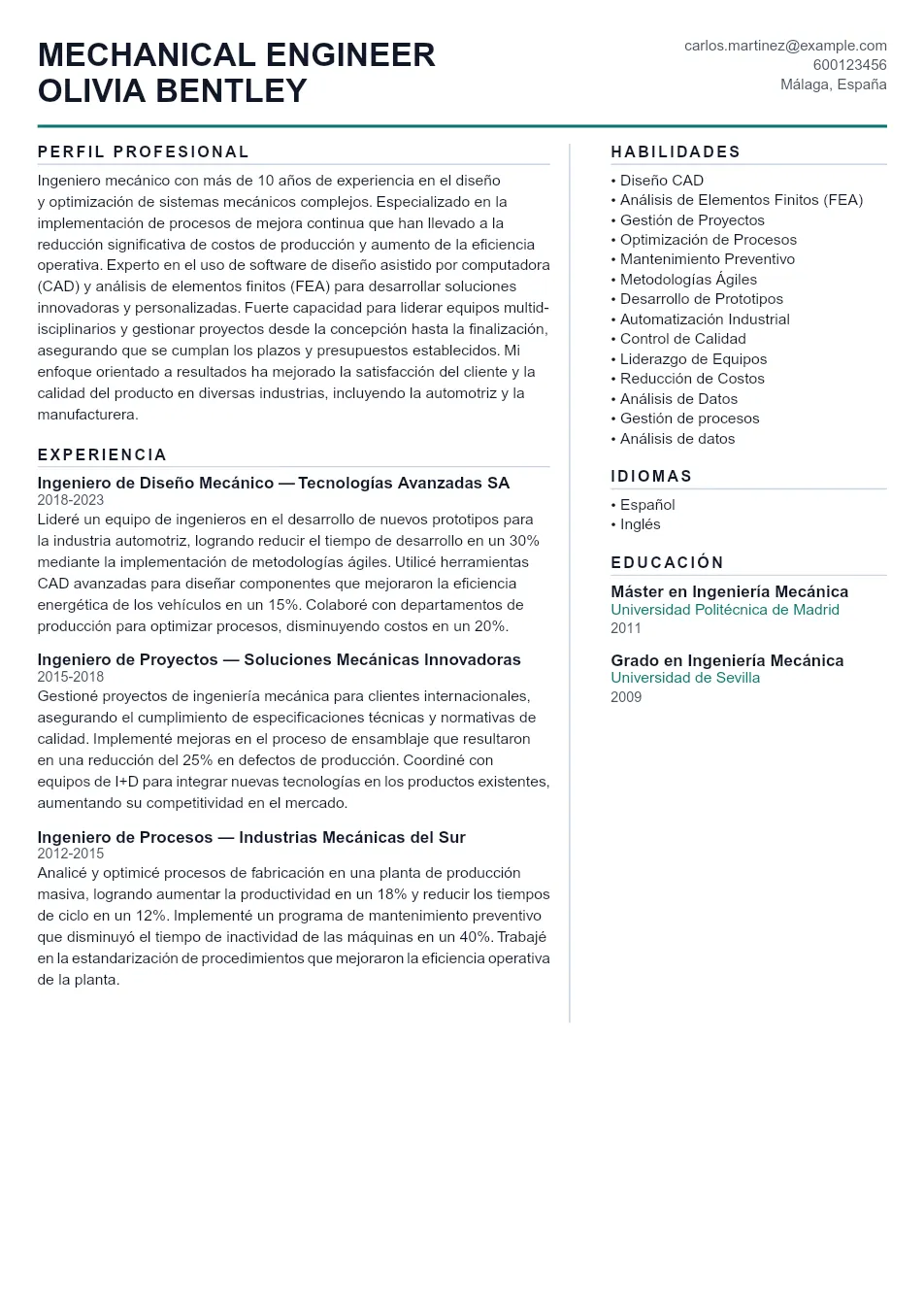 Ejemplo de CV para CV de Ingeniero Mecánico - Plantilla de currículum profesional
