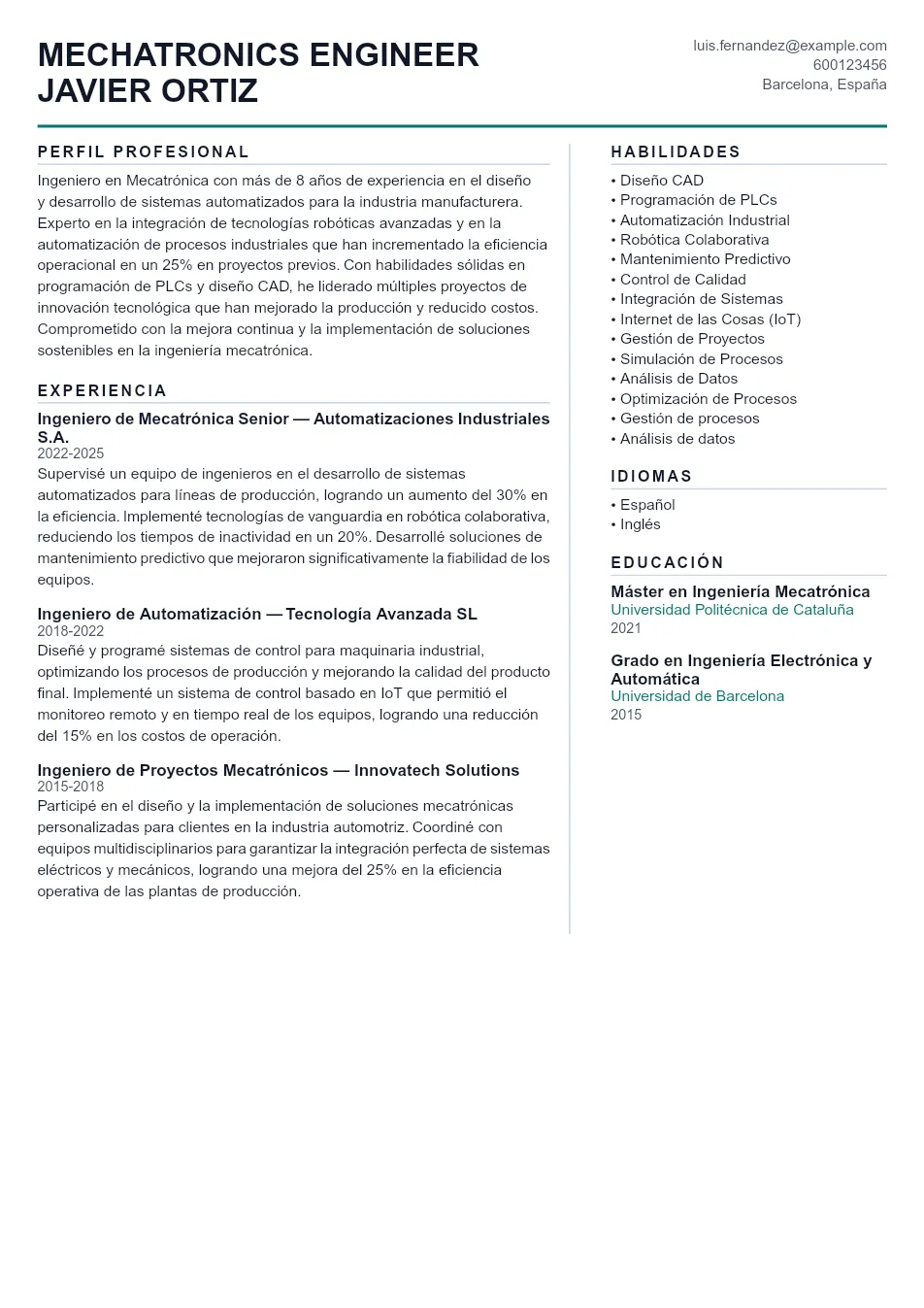 Ejemplo de CV para CV de Ingeniero Mecatrónico - Plantilla de currículum profesional