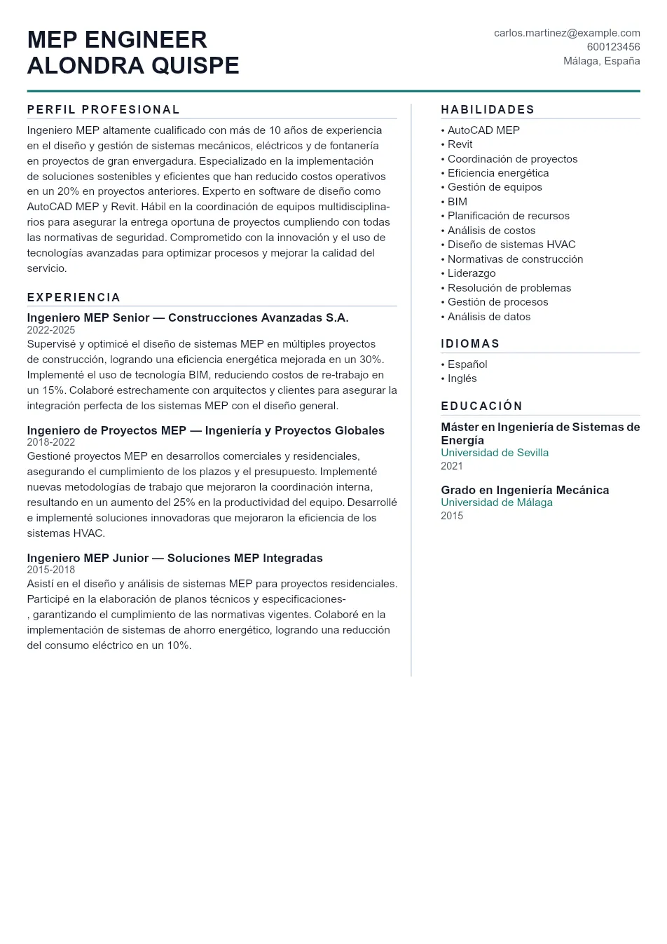 Ejemplo de CV para CV de MEP Engineer - Plantilla de currículum profesional