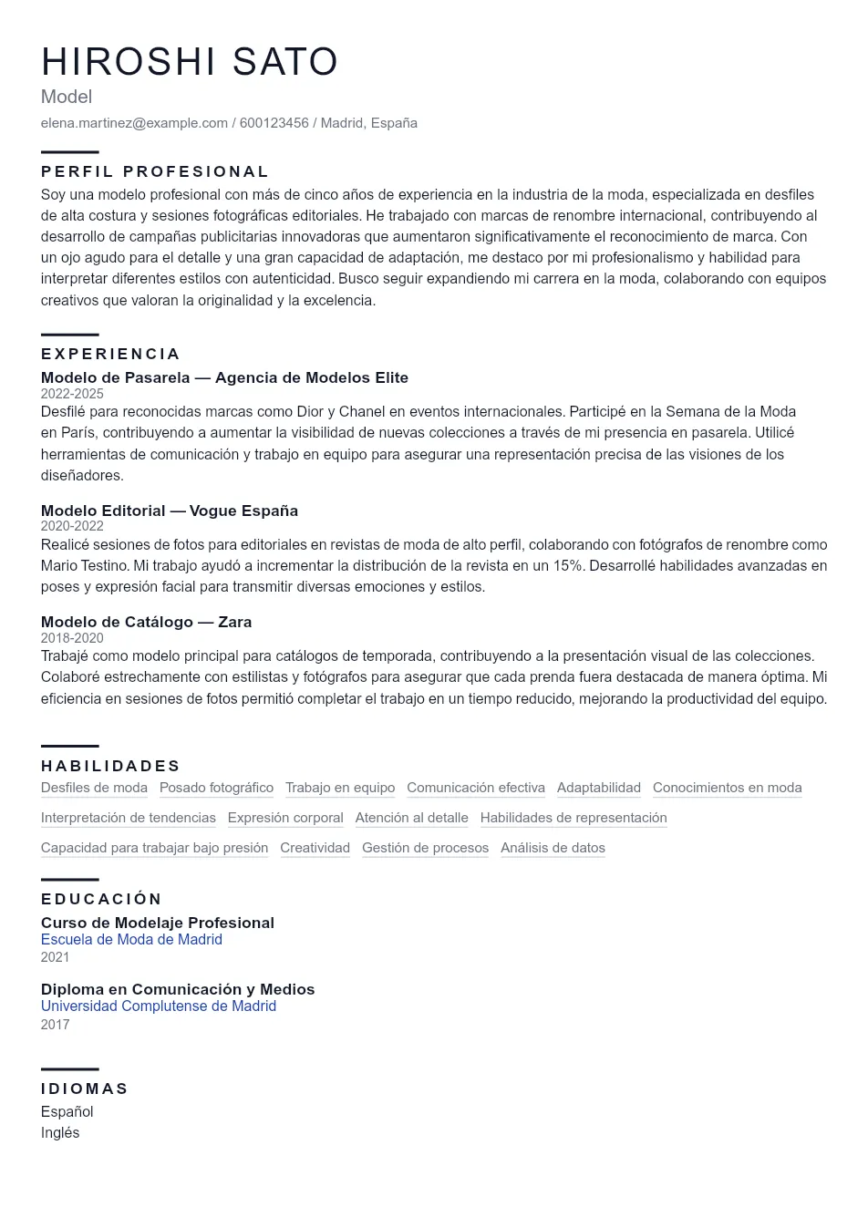 Ejemplo de CV para CV para Modelo - Plantilla de currículum profesional