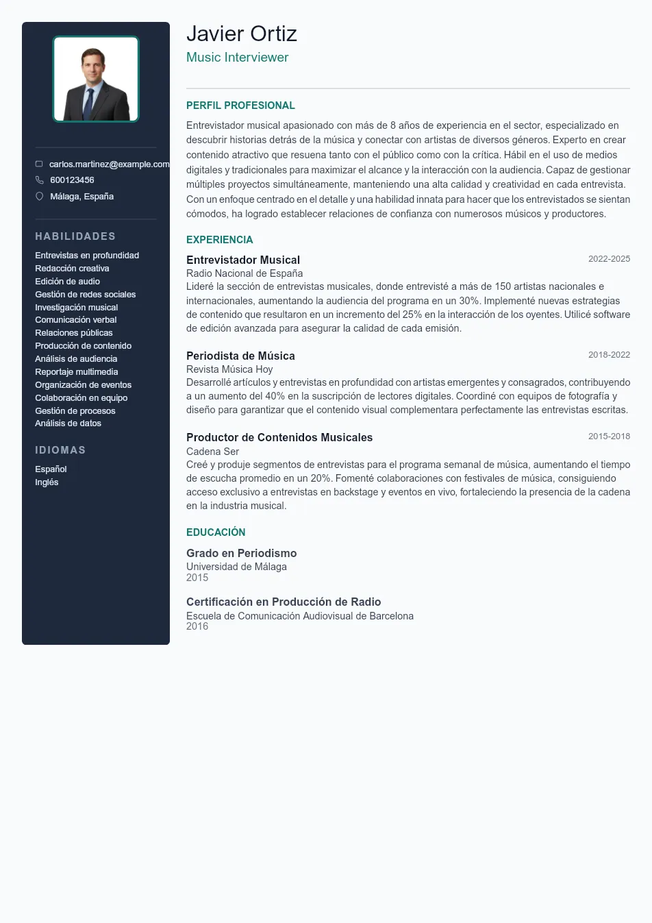 Ejemplo de CV para CV de Music Interviewer - Plantilla de currículum profesional