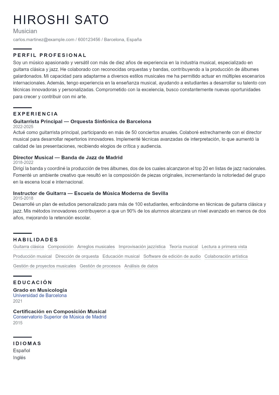 Ejemplo de CV para Guía Definitiva y Ejemplo de CV para Músic - Plantilla de currículum profesional