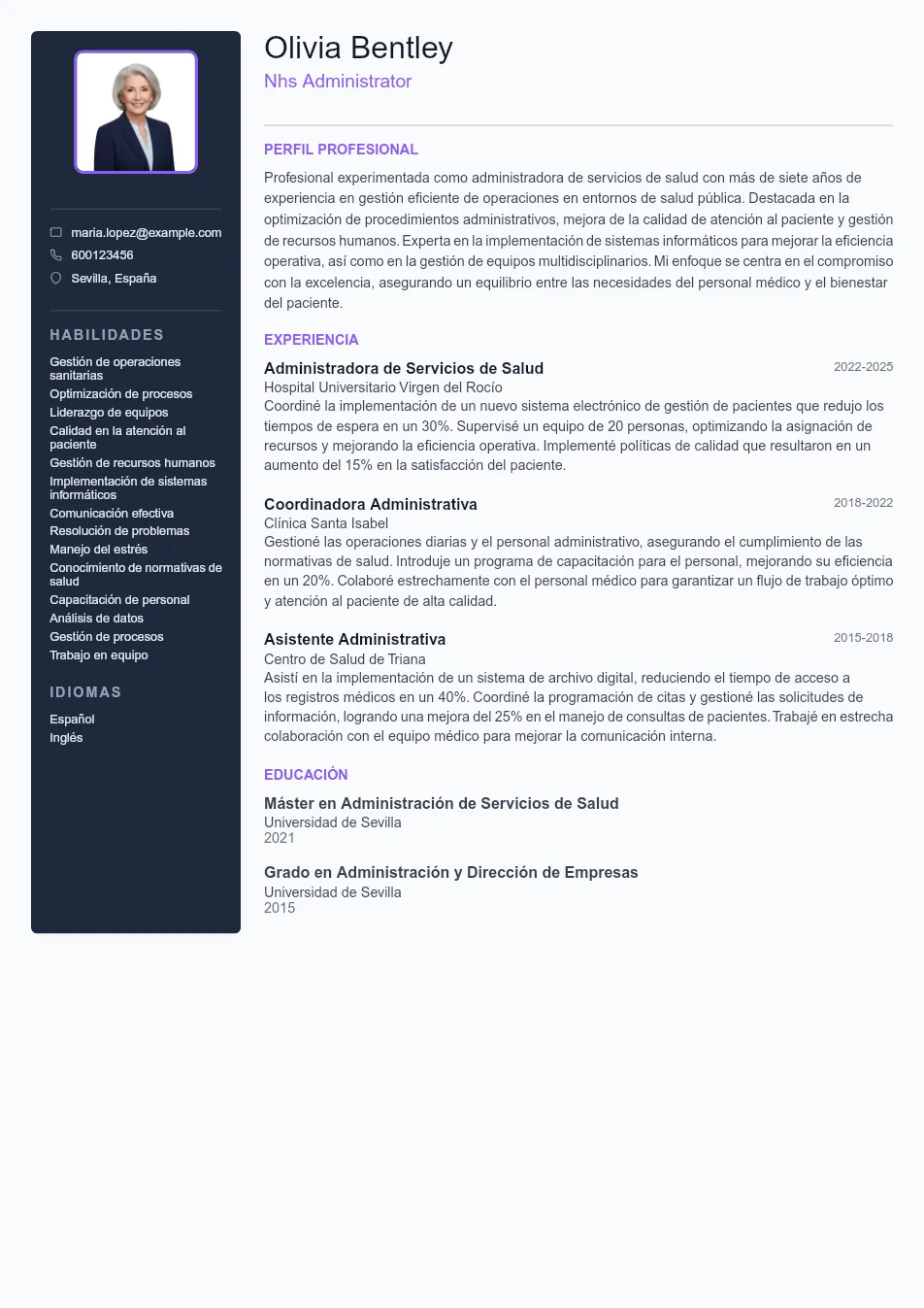 Ejemplo de CV para CV de Administrador del NHS - Plantilla de currículum profesional