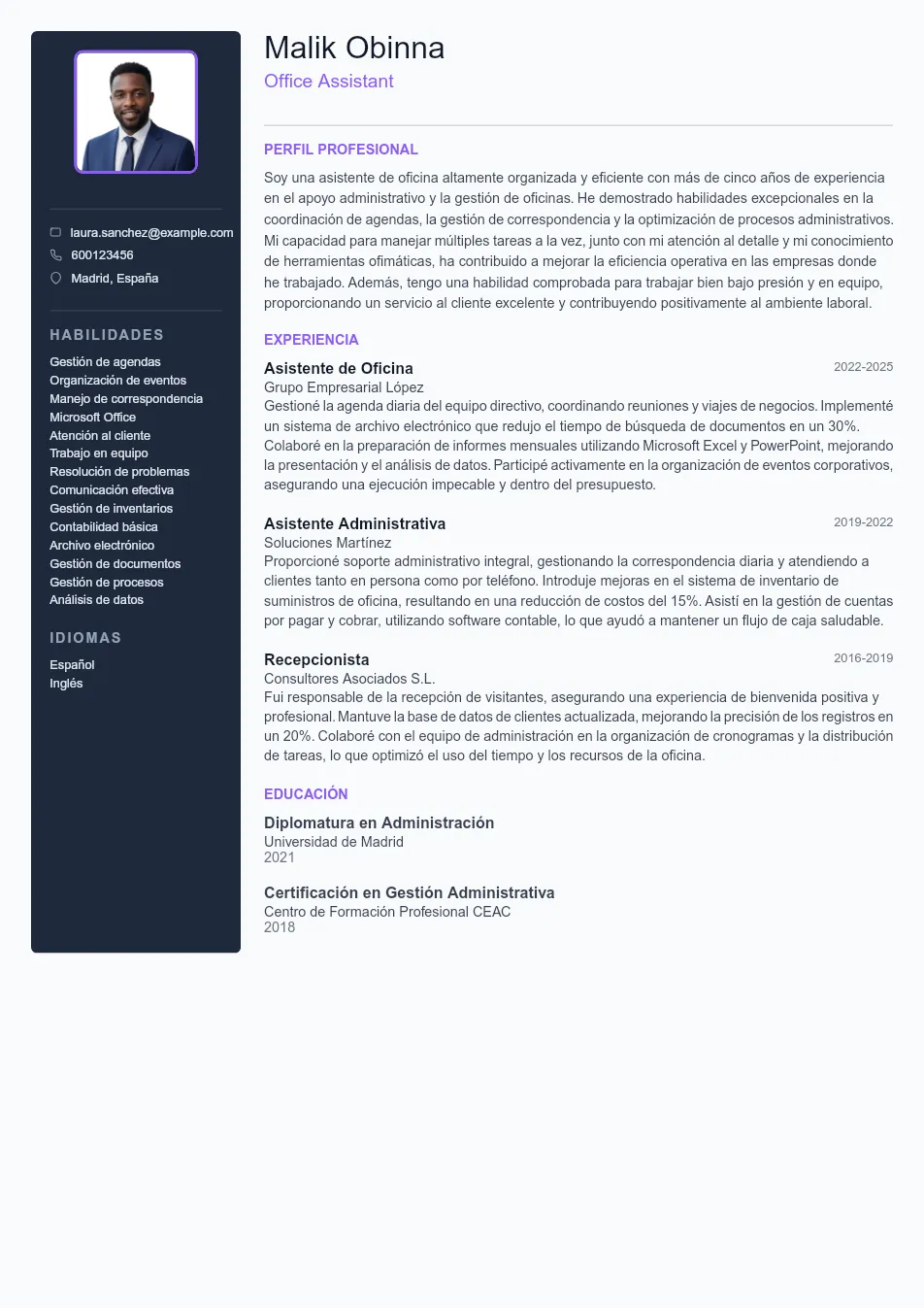 Ejemplo de CV de Office Assistant CV Example - Professional Resume Template