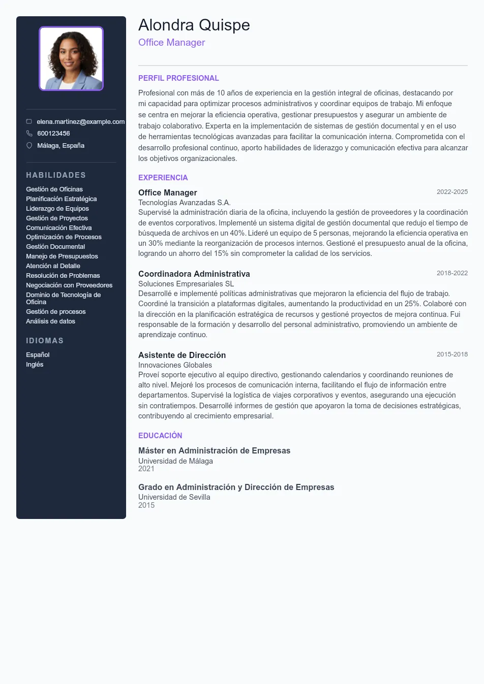 Ejemplo de CV para CV de Office Manager - Plantilla de currículum profesional
