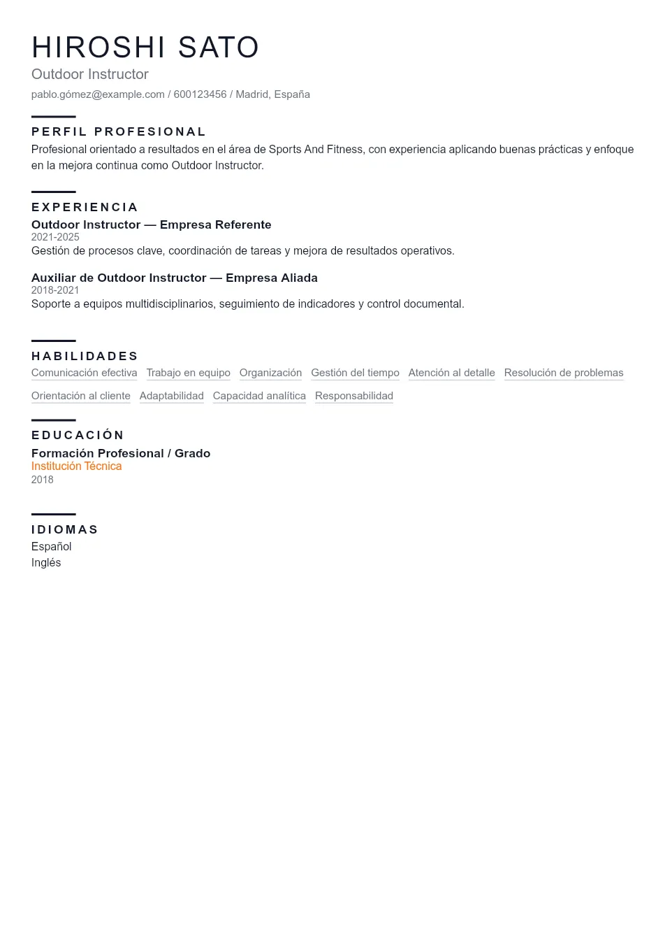 Ejemplo de CV de Outdoor Instructor CV Example - Professional Resume Template