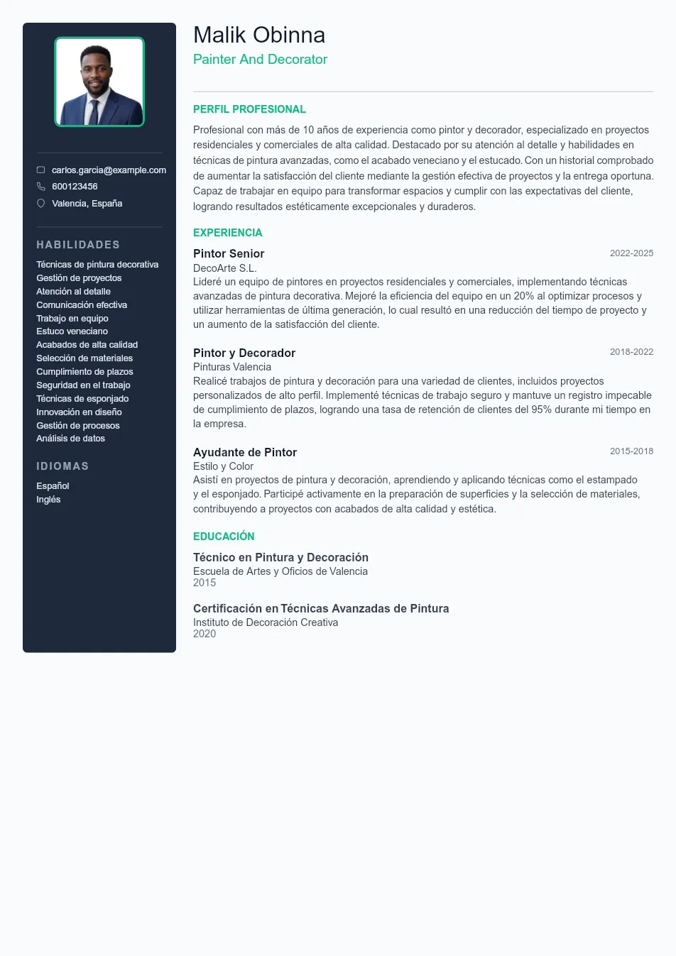 Ejemplo de CV para Ejemplo de CV de Pintor y Decorador - Plantilla de currículum profesional