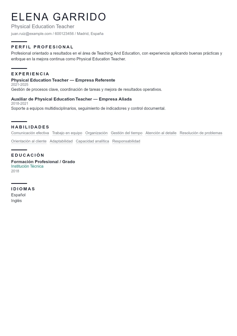 Ejemplo de CV para CV de Profesor de Educación Física - Plantilla de currículum profesional