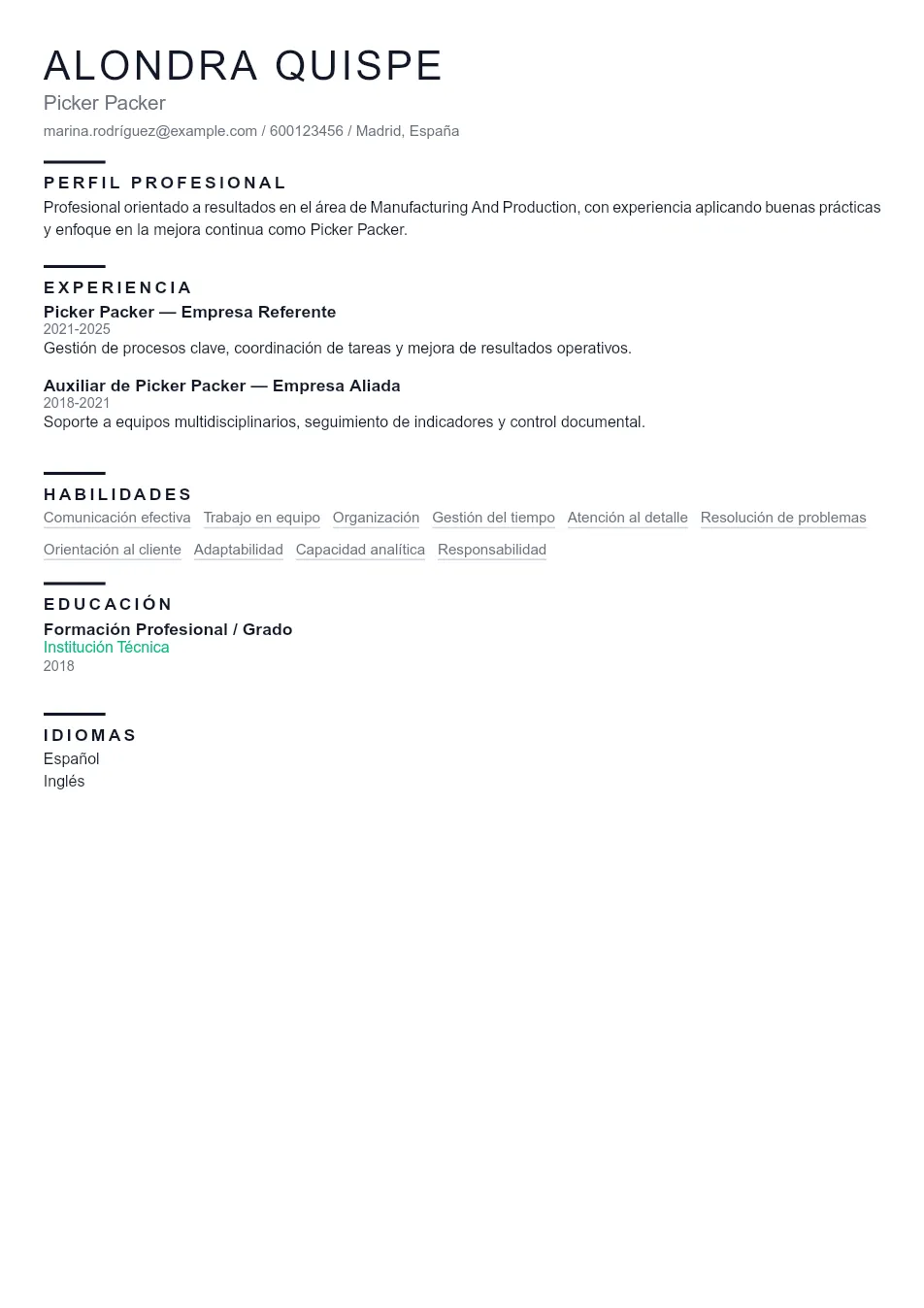 Ejemplo de CV de Picker Packer CV Example - Professional Resume Template