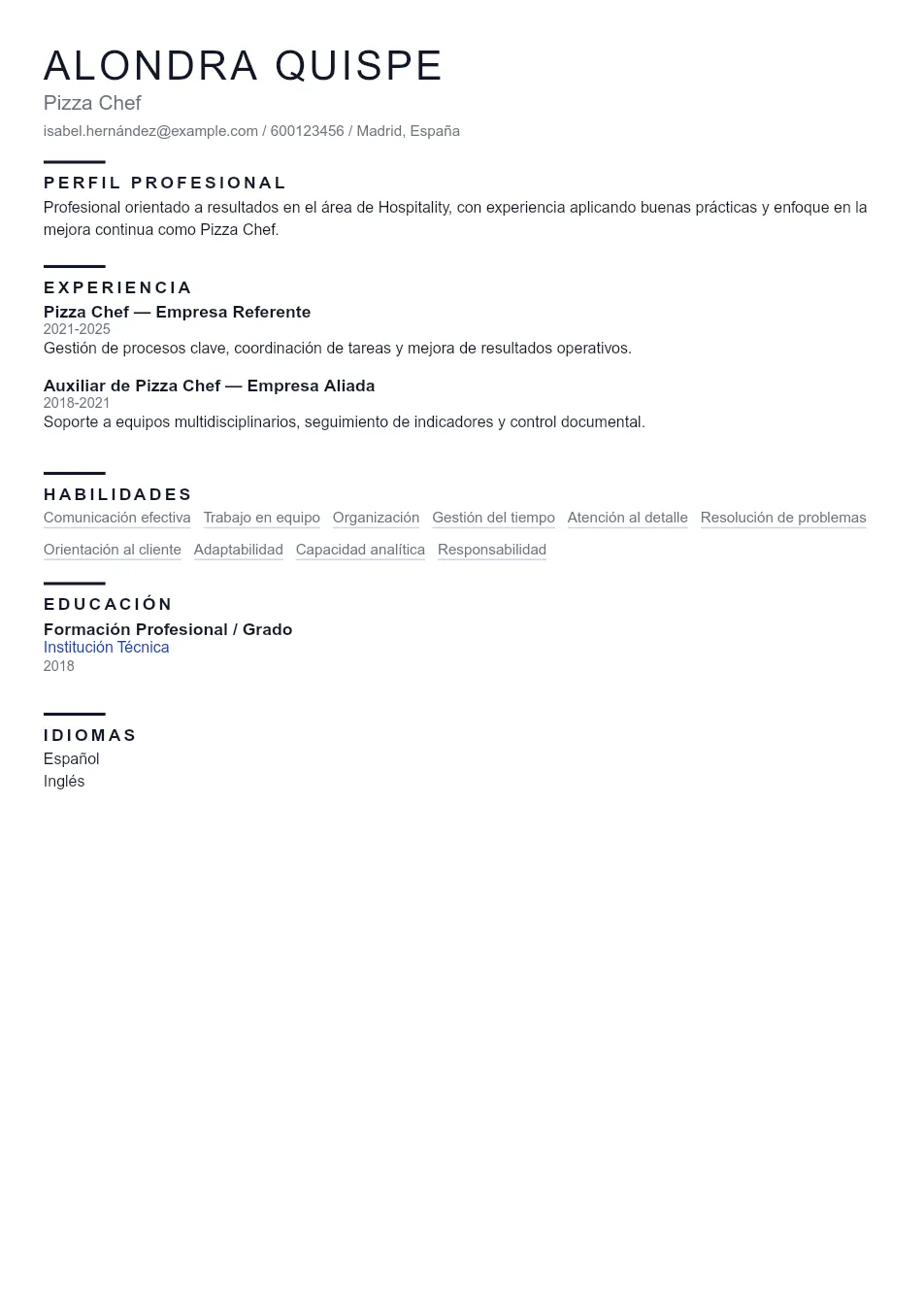 Ejemplo de CV de Pizza Chef CV Example - Professional Resume Template