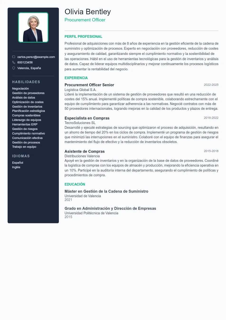 Ejemplo de CV para Ejemplo de CV de Procurement Officer - Plantilla de currículum profesional