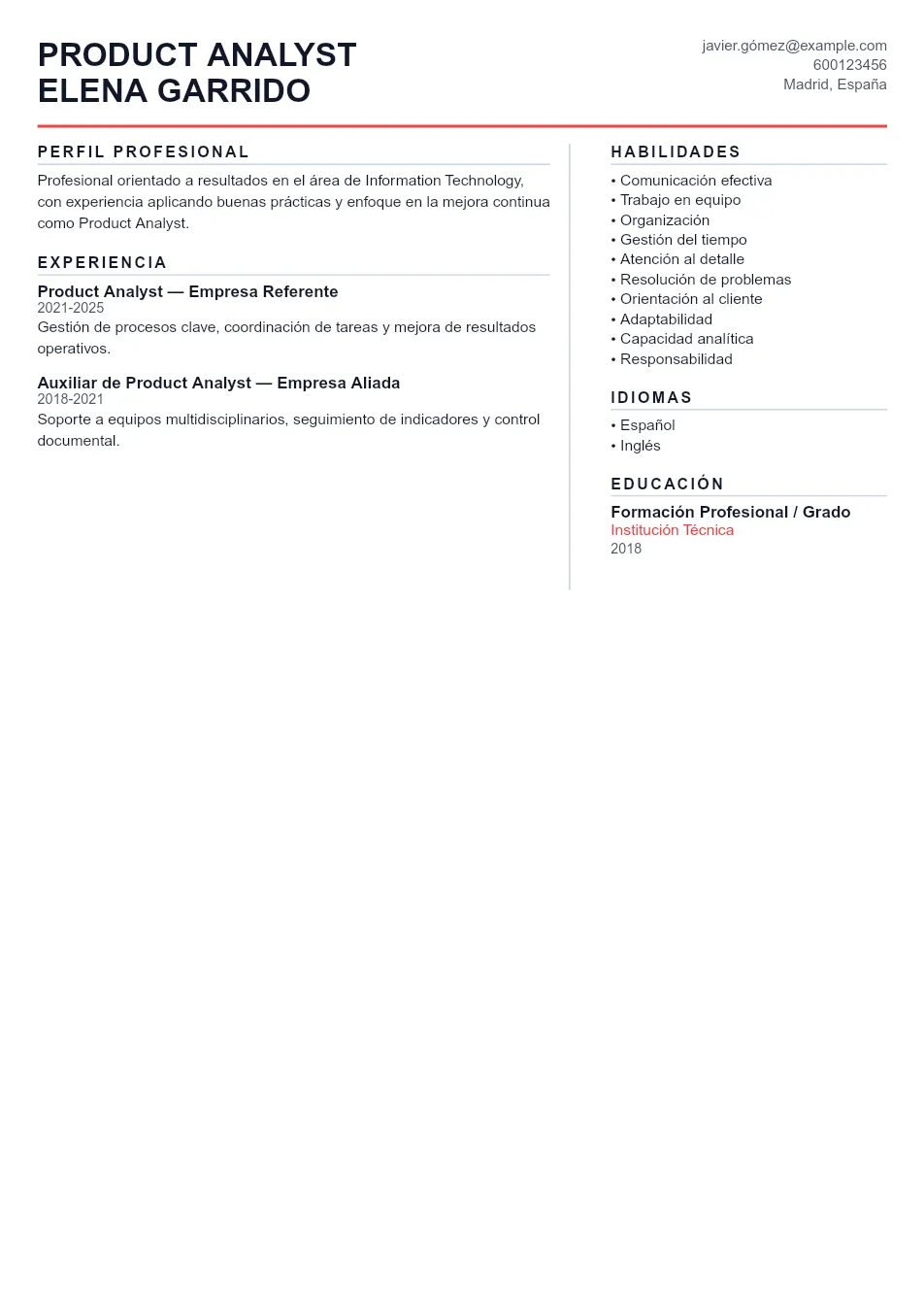 Ejemplo de CV de Product Analyst CV Example - Professional Resume Template