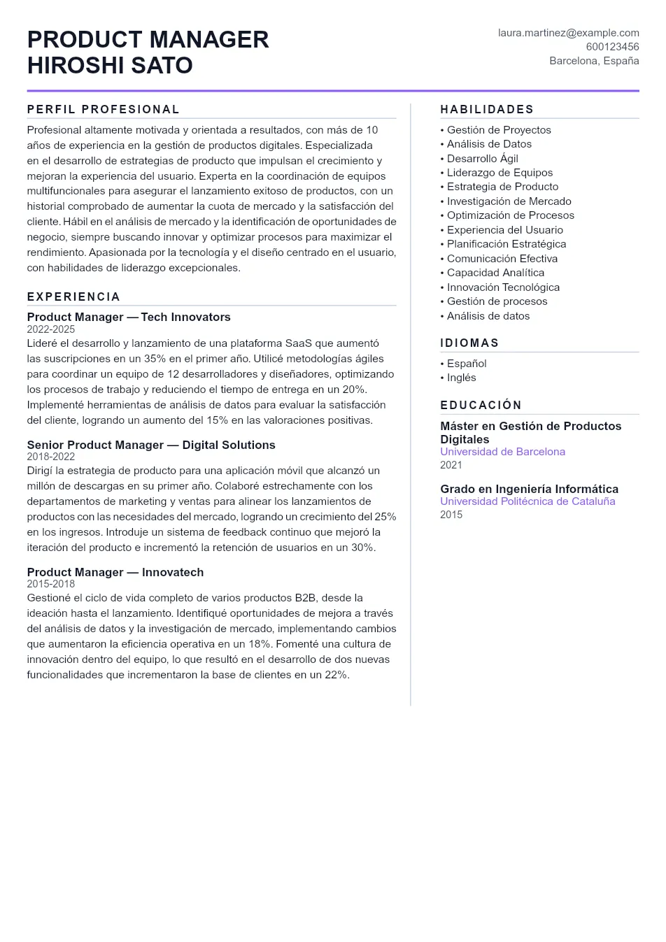 Ejemplo de CV de Product Manager CV Example - Professional Resume Template