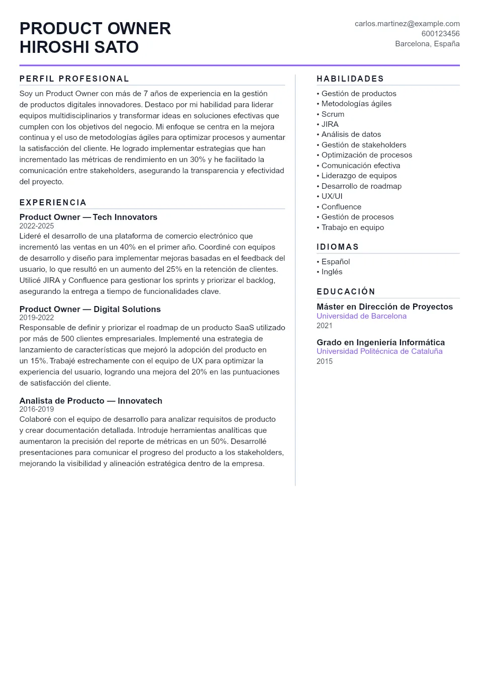 Ejemplo de CV para CV de Product Owner - Plantilla de currículum profesional