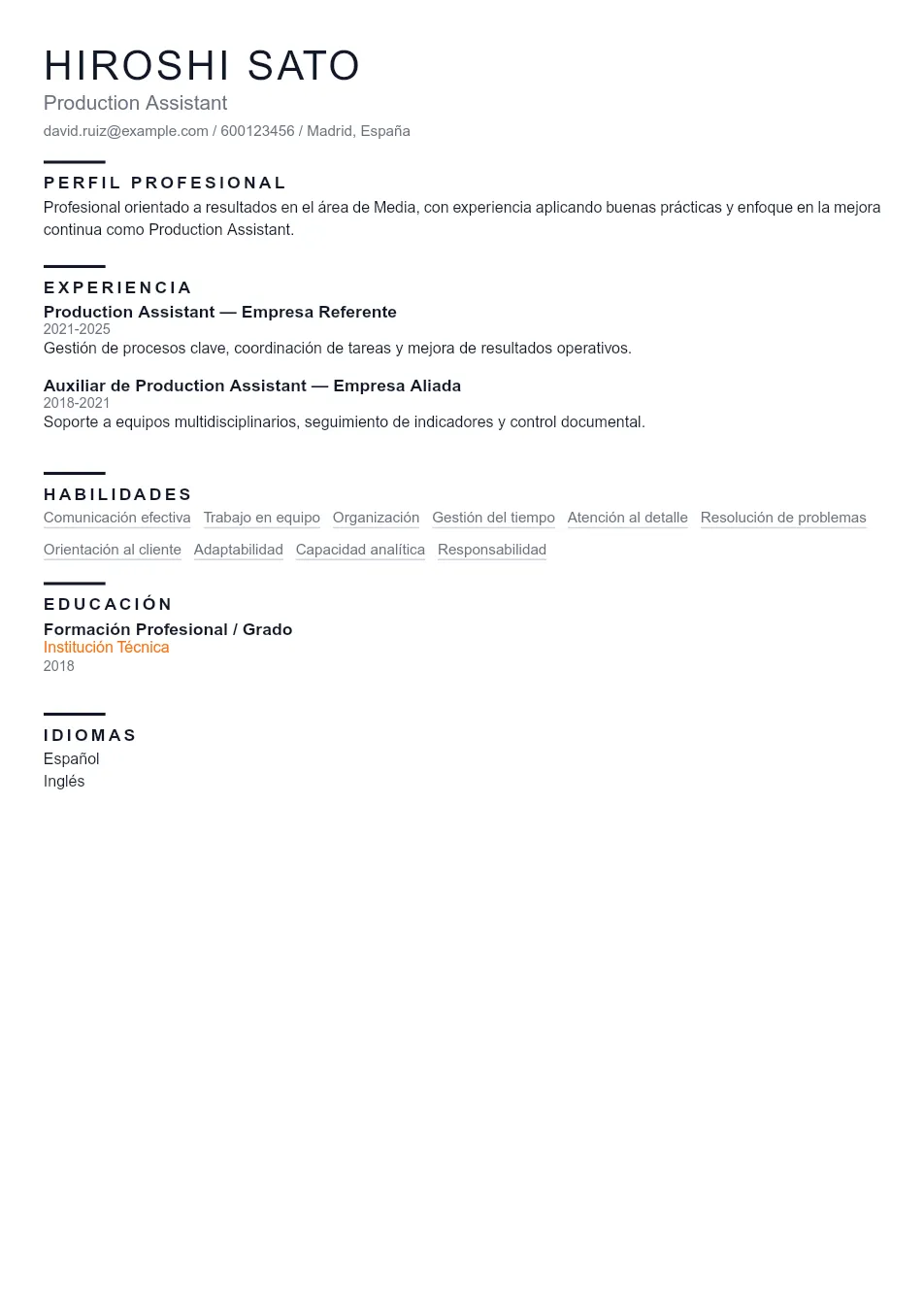 Ejemplo de CV de Production Assistant CV Example - Professional Resume Template