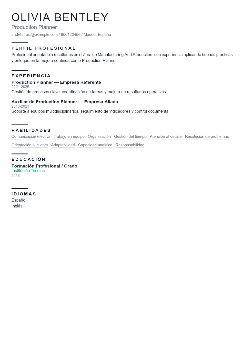 Ejemplo de CV de Production Planner CV Example - Professional Resume Template