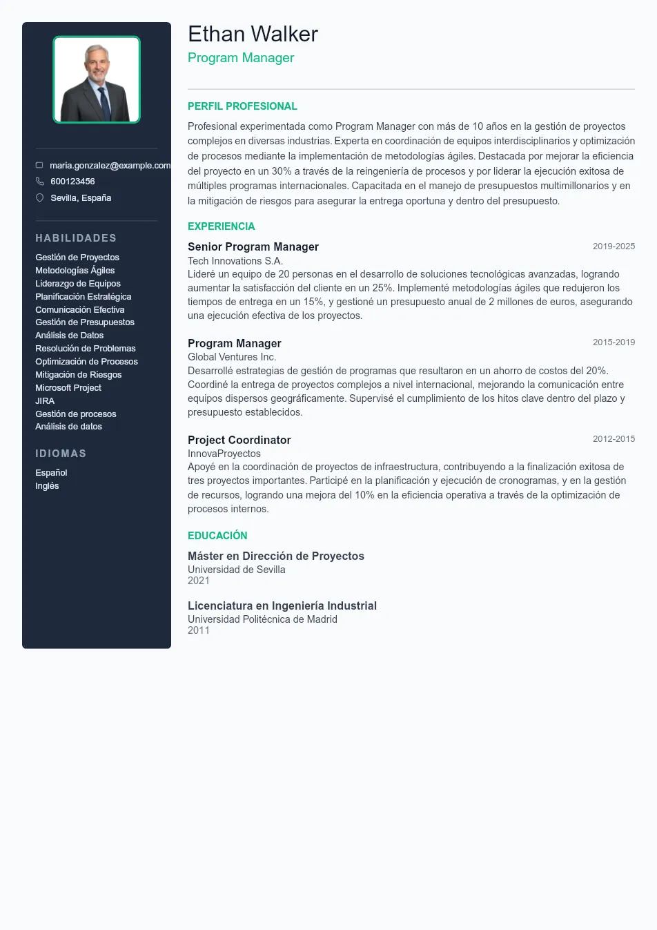 Ejemplo de CV de Program Manager CV Example - Professional Resume Template