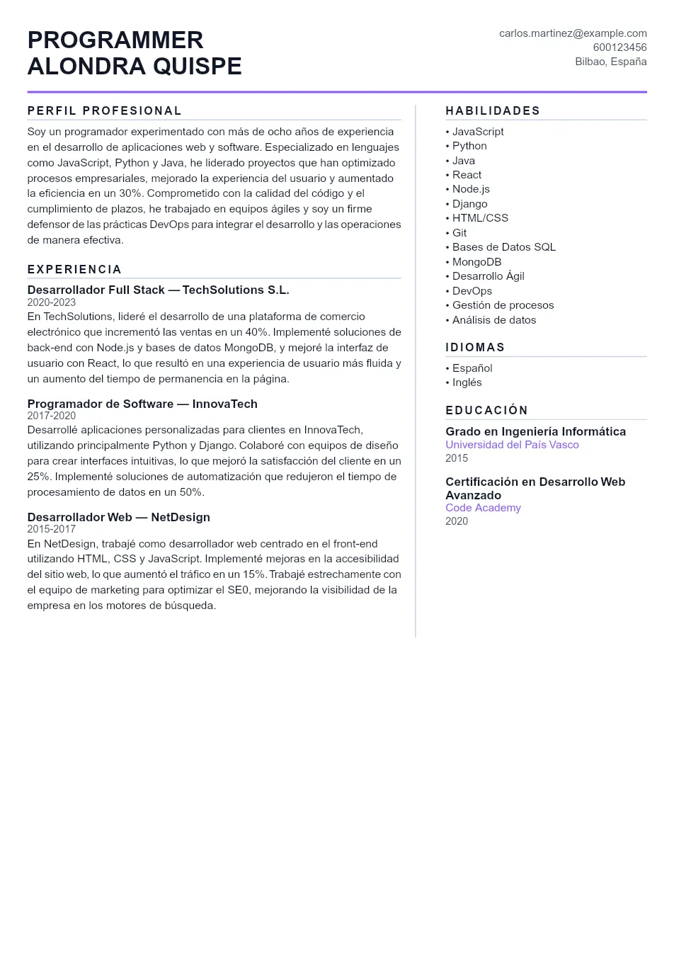 Ejemplo de CV para CV de Programador - Plantilla de currículum profesional
