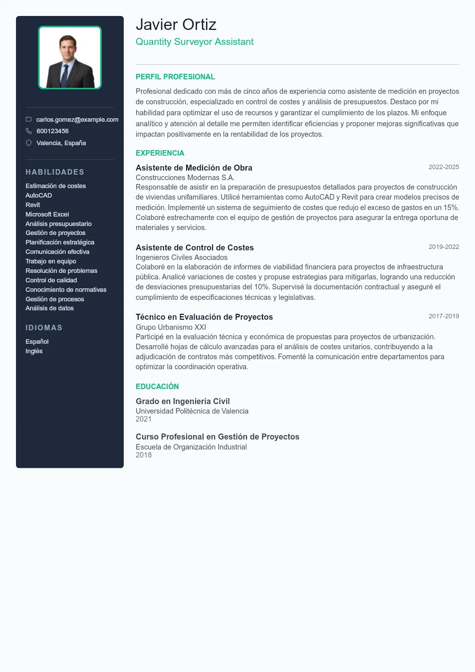 Ejemplo de CV para Ejemplo de CV de Quantity Surveyor Assista - Plantilla de currículum profesional