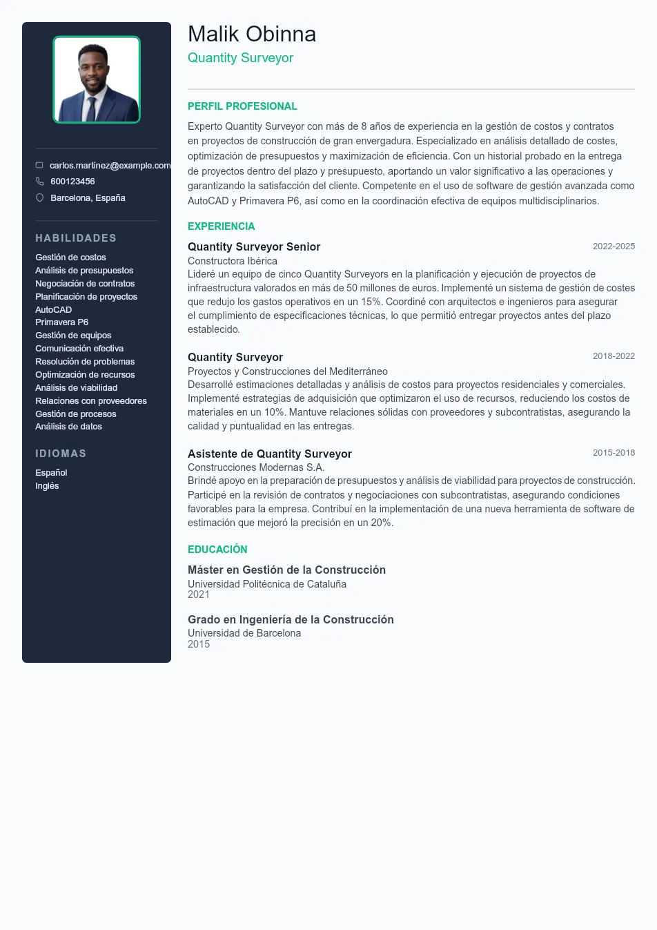 Ejemplo de CV de Quantity Surveyor CV Example - Professional Resume Template