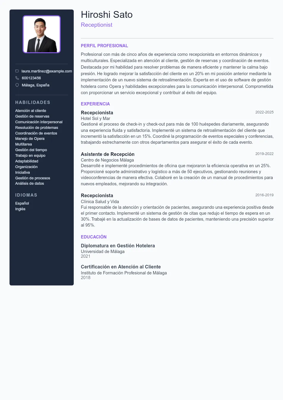 Ejemplo de CV de Receptionist CV Example - Professional Resume Template