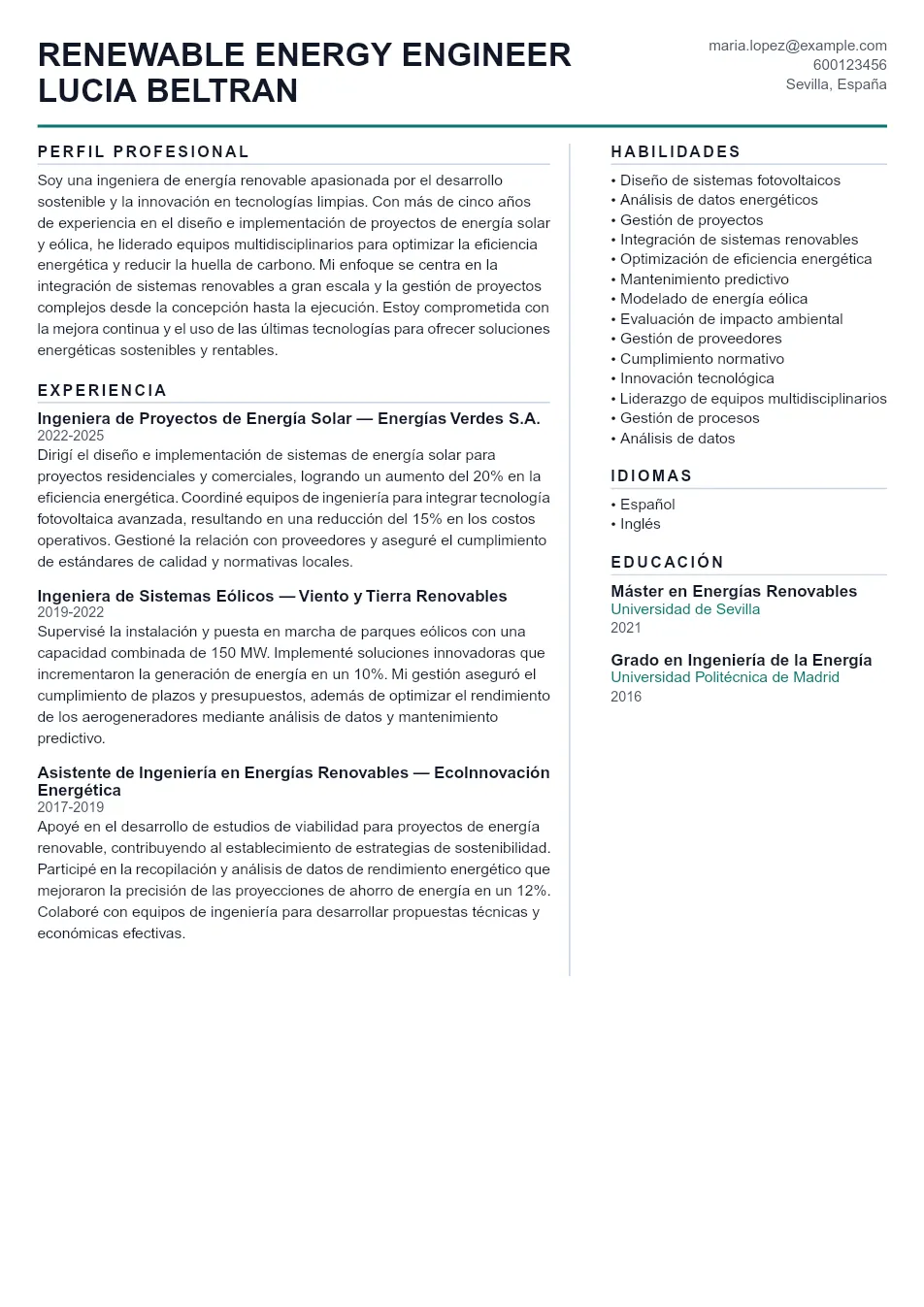 Ejemplo de CV de Renewable Energy Engineer CV Example - Professional Resume Template