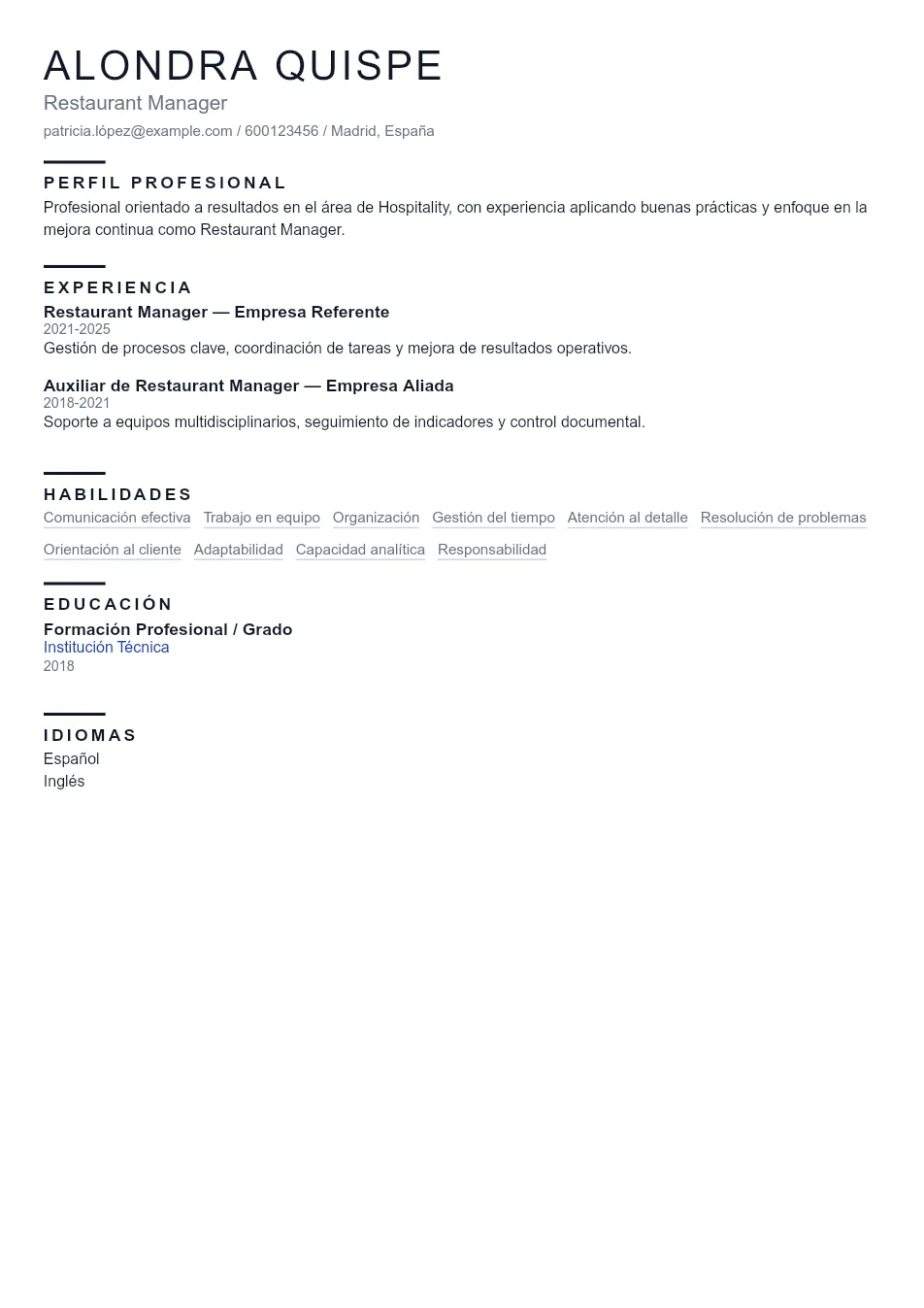 Ejemplo de CV de Restaurant Manager CV Example - Professional Resume Template