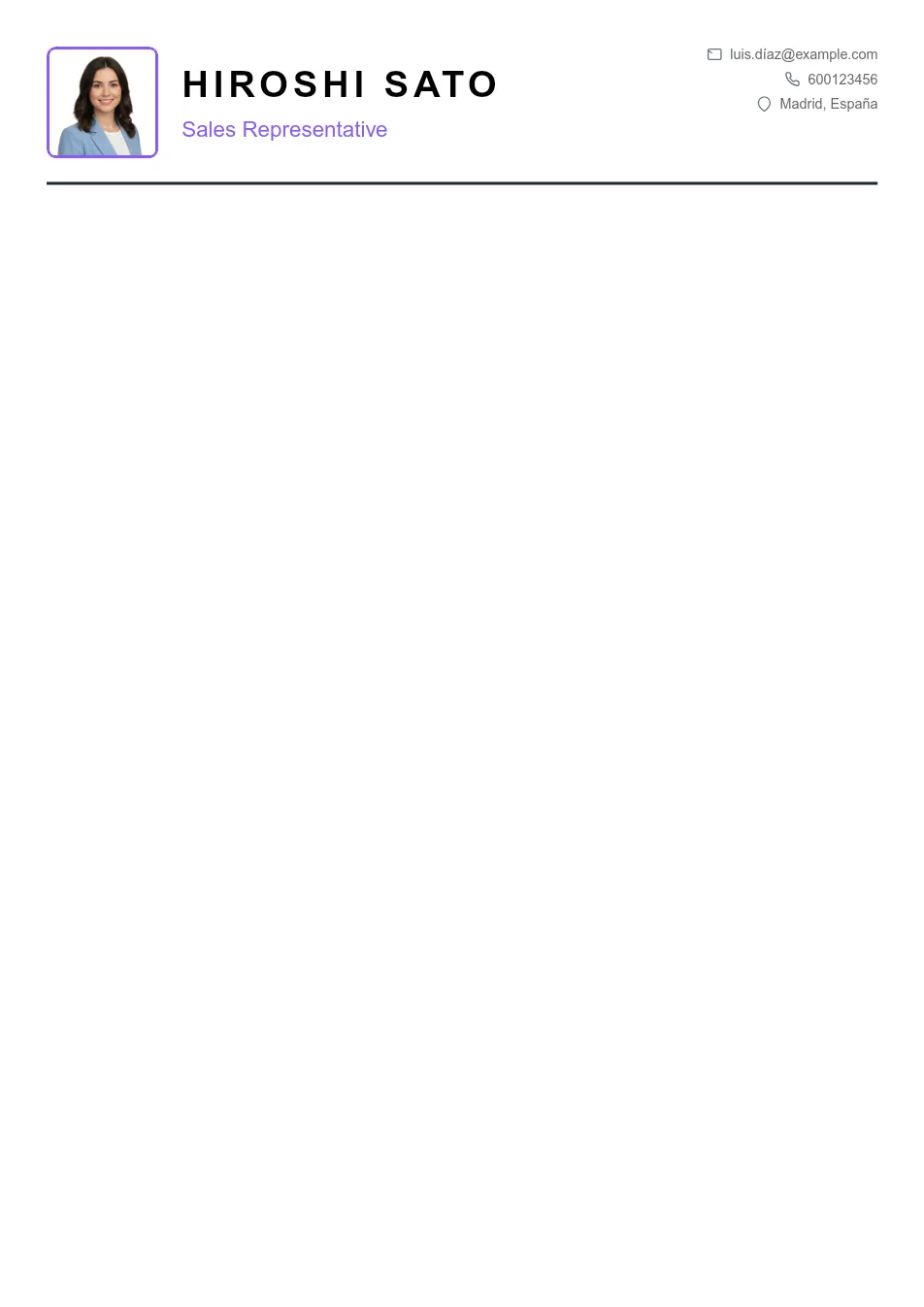 Ejemplo de CV para CV de Sales Representative - Plantilla de currículum profesional