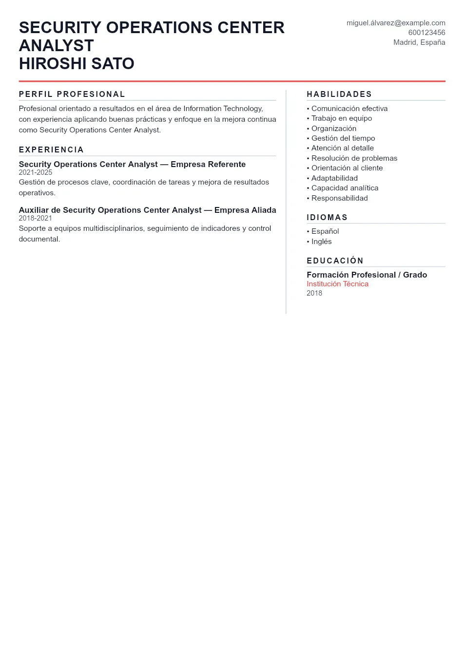 Ejemplo de CV para CV de Analista de SOC - Plantilla de currículum profesional