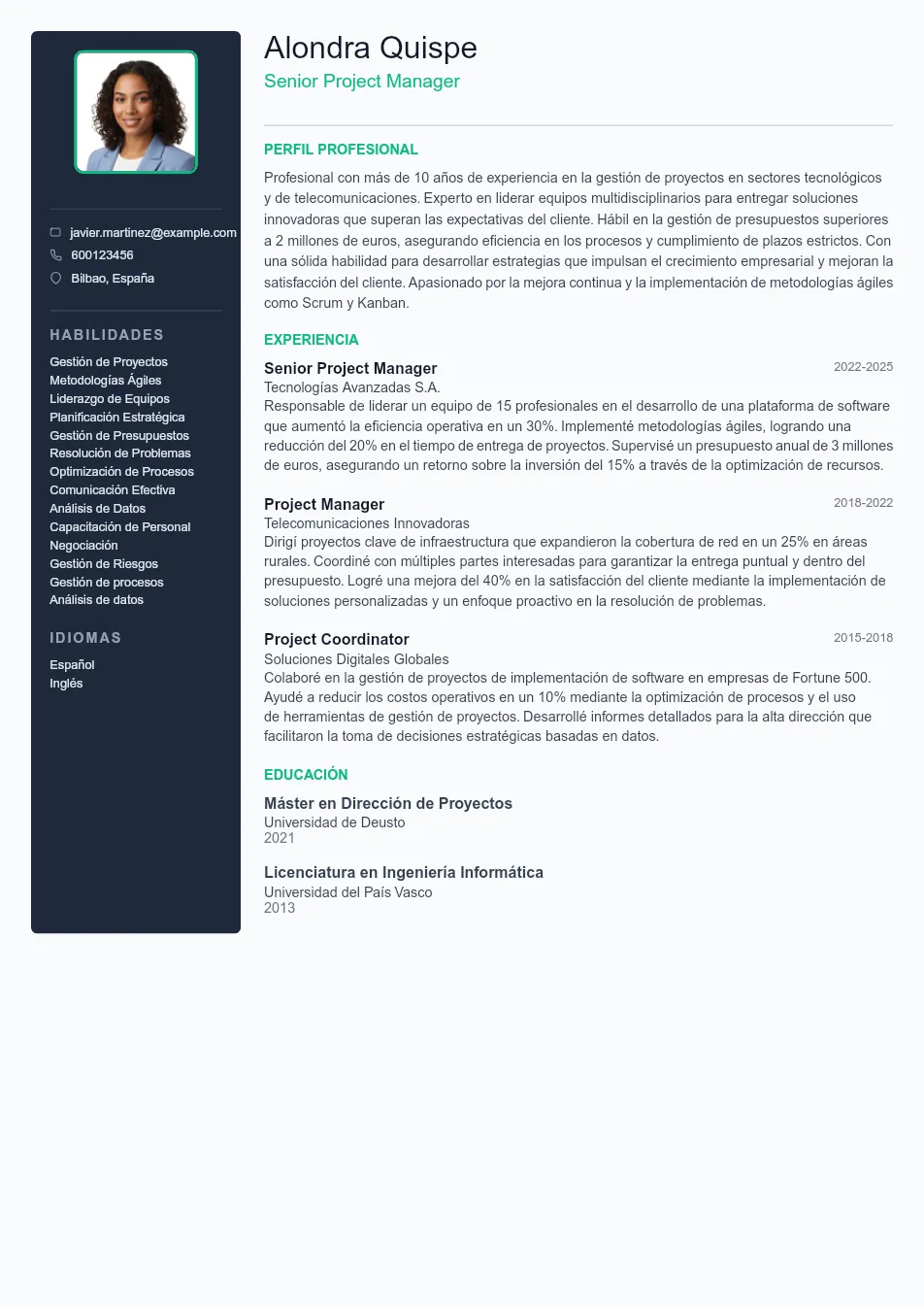 Ejemplo de CV de Senior Project Manager CV Example - Professional Resume Template