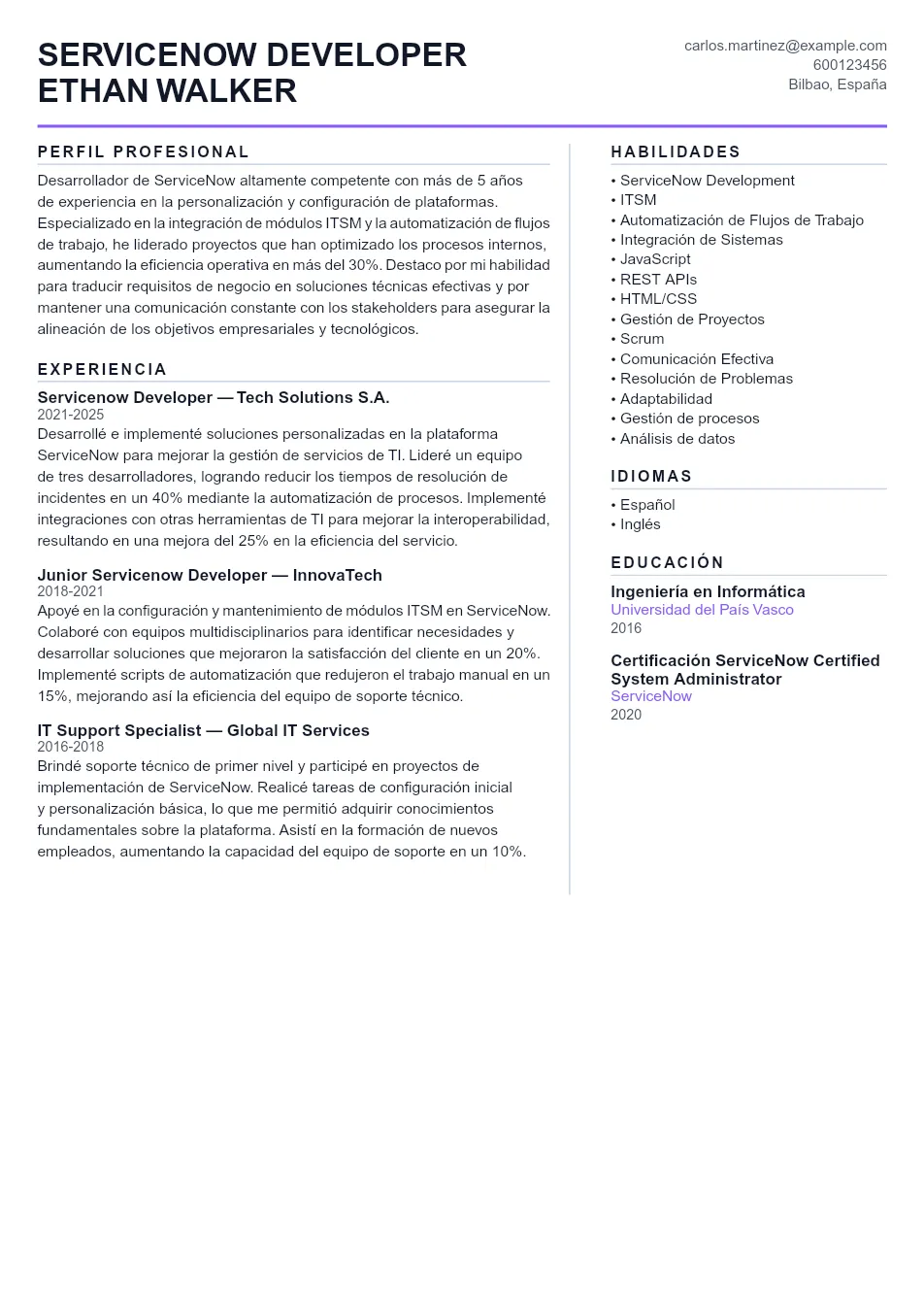 Ejemplo de CV de Servicenow Developer CV Example - Professional Resume Template