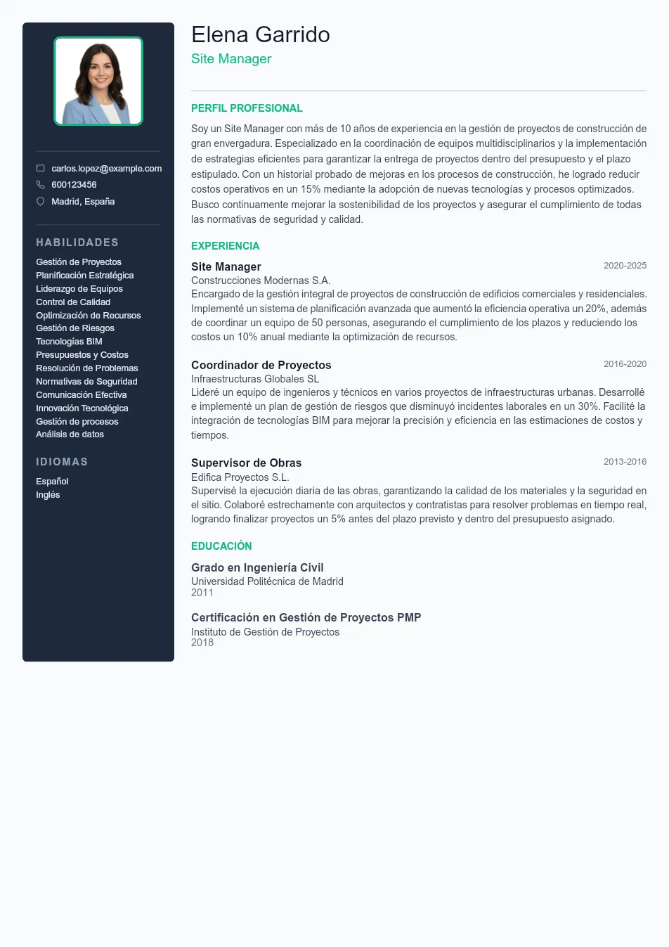 Ejemplo de CV para CV de Site Manager - Plantilla de currículum profesional