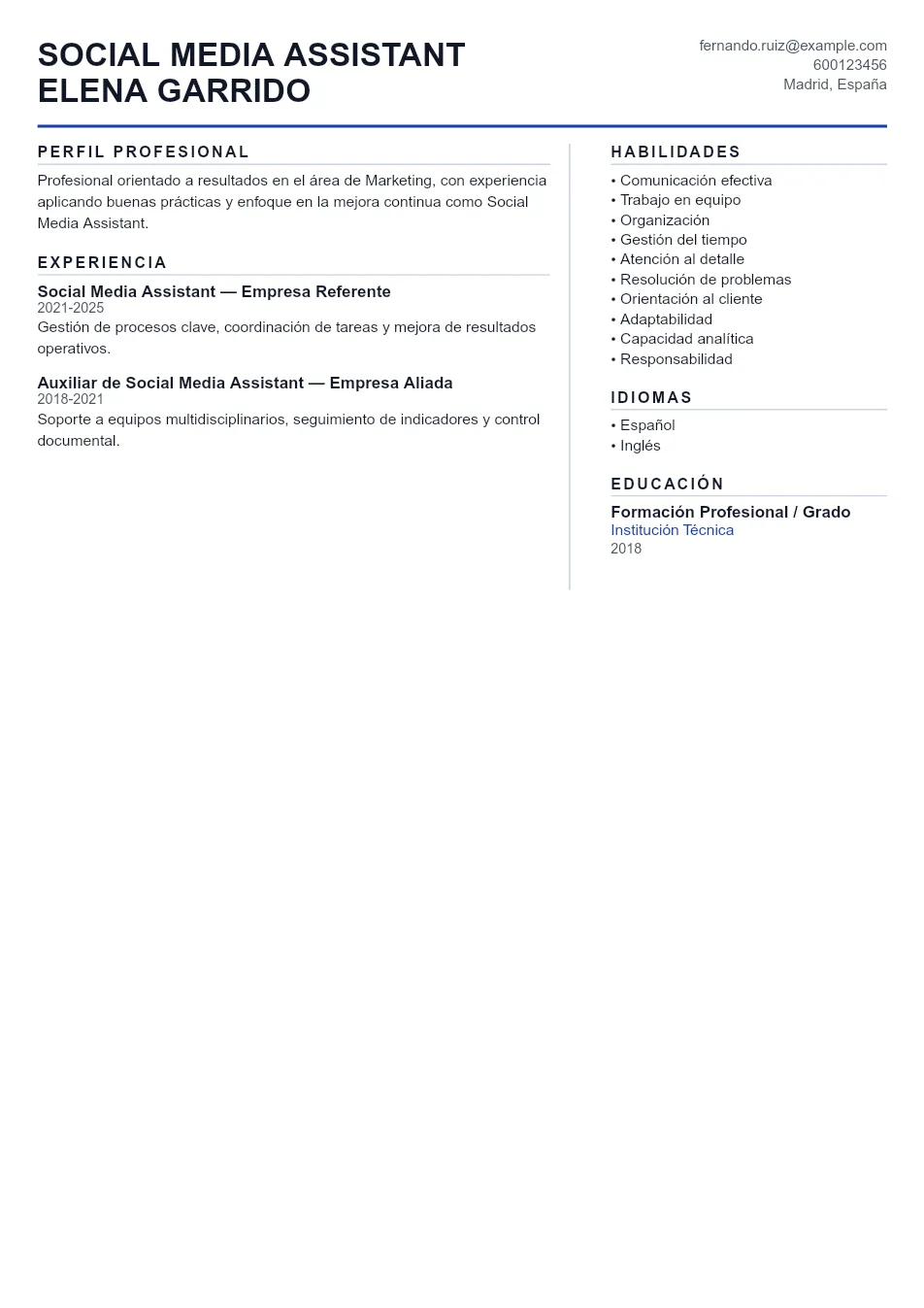 Ejemplo de CV para CV de Social Media Assistant - Plantilla de currículum profesional