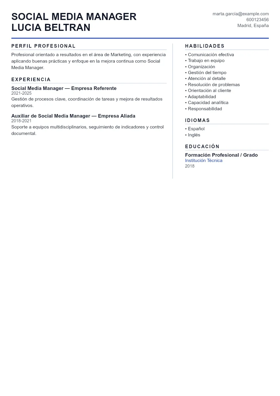 Ejemplo de CV para CV de Social Media Manager - Plantilla de currículum profesional